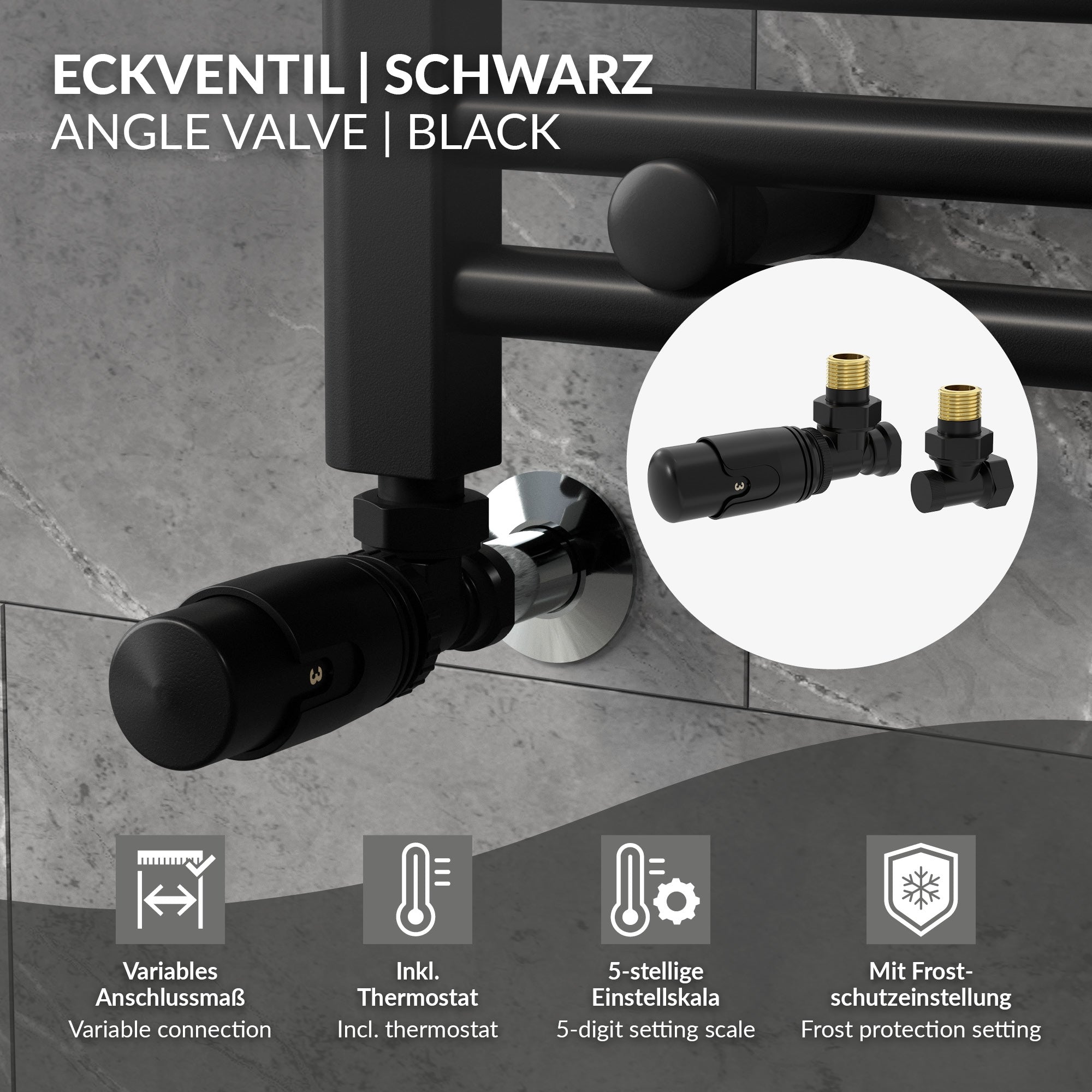 Schwarzes Eckventil mit Thermostat und Frostschutzeinstellung.