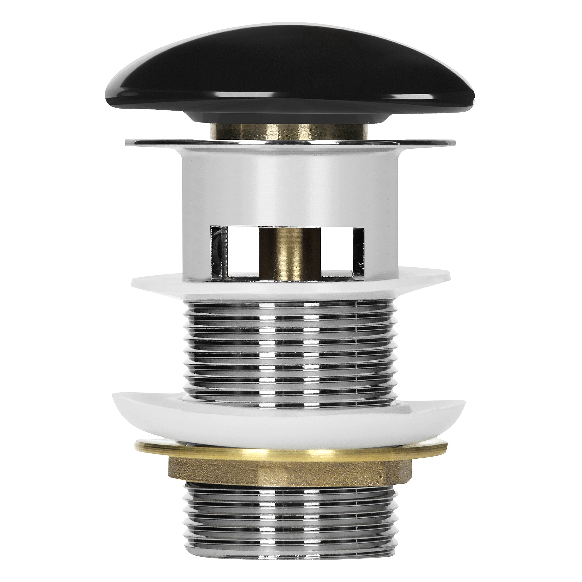 Close-up view of a drain with a black button and metal parts.