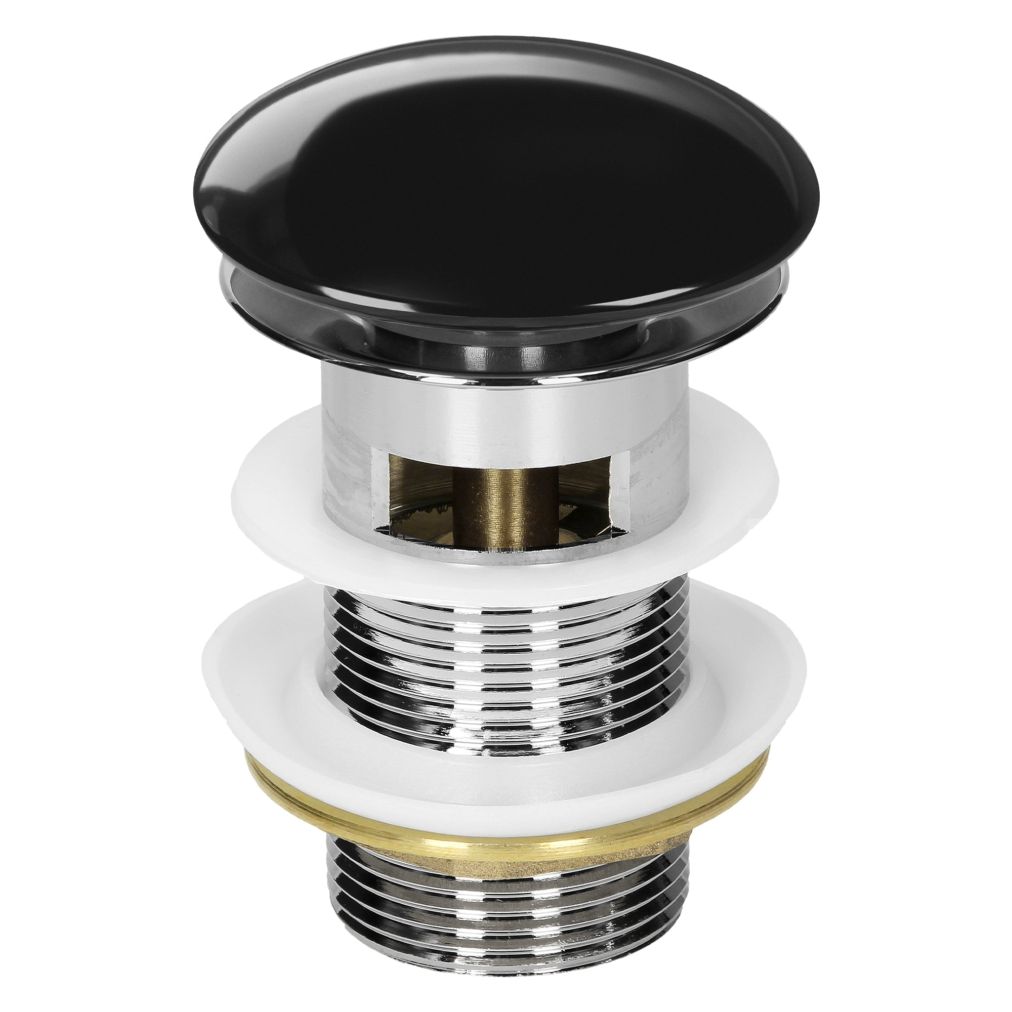 Black drain plug with chrome thread and seals, taken from the front.