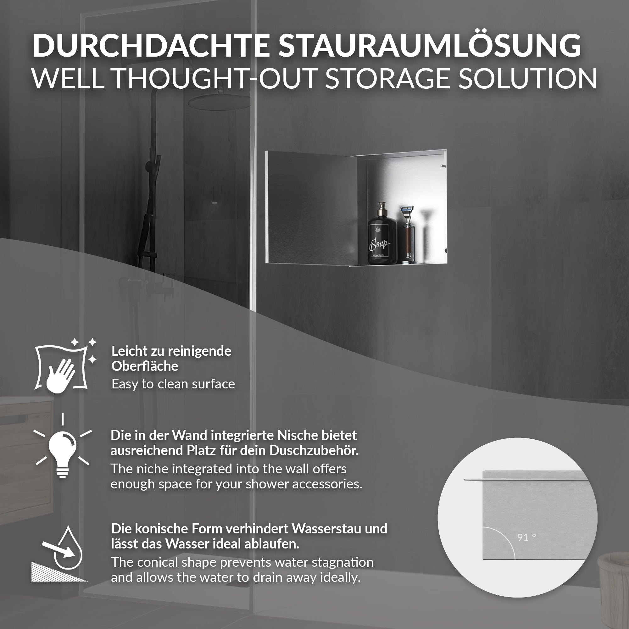 Nicho de pared con productos en un baño, pared gris, área de ducha.