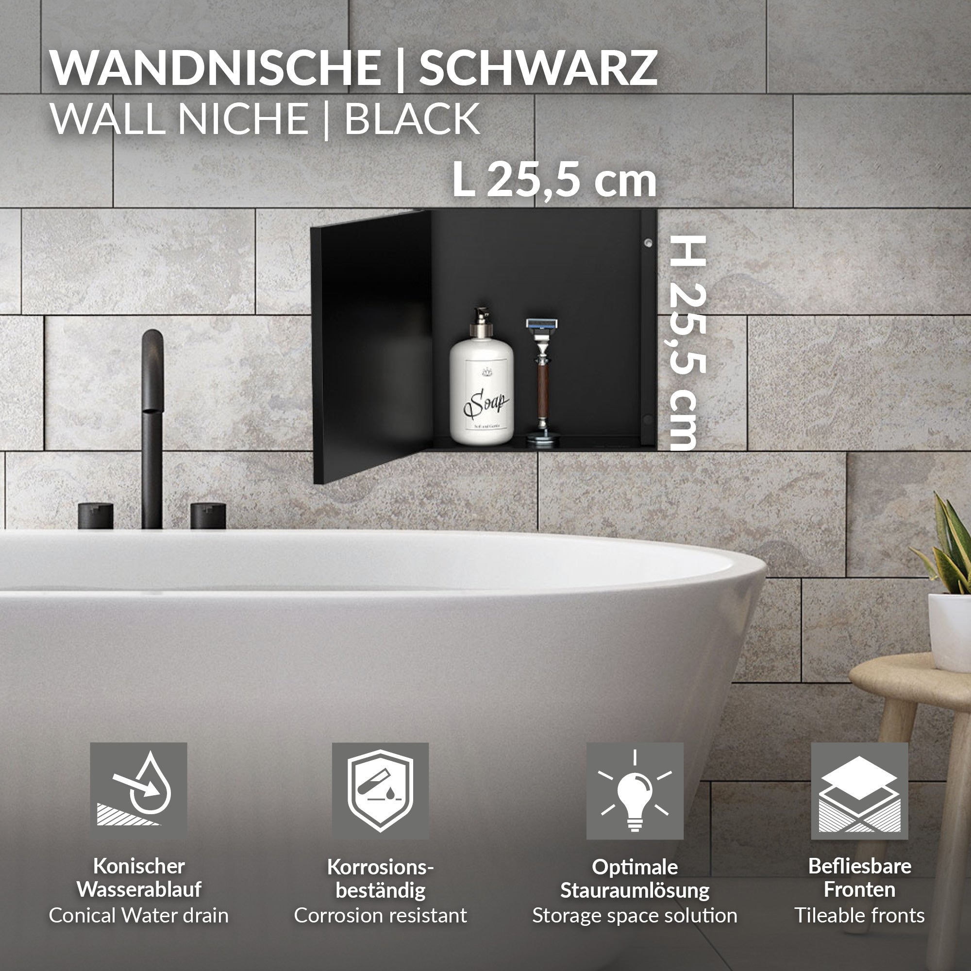 Black wall niche with two compartments and decorative bottles.