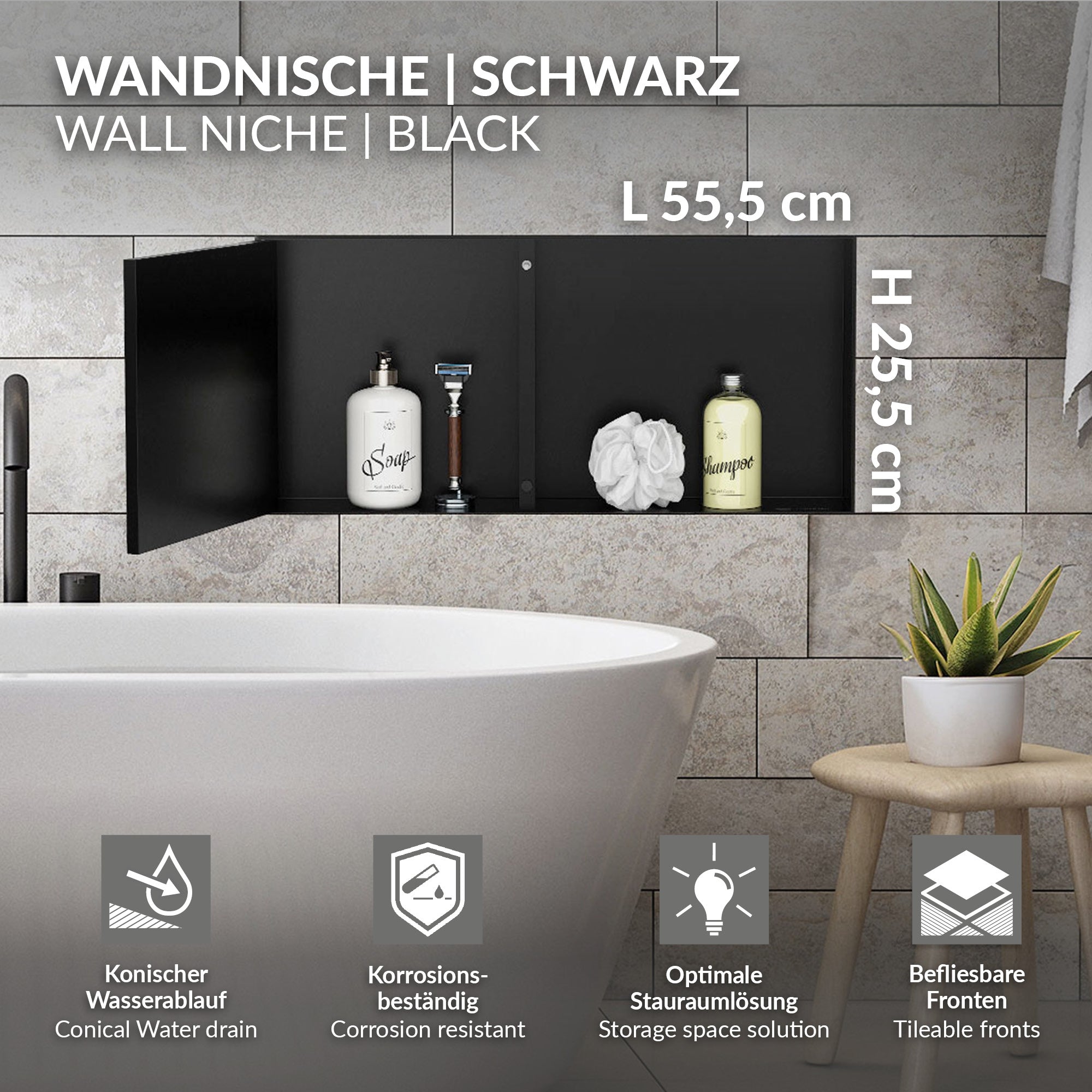 Black wall niche with two compartments filled with personal care products.