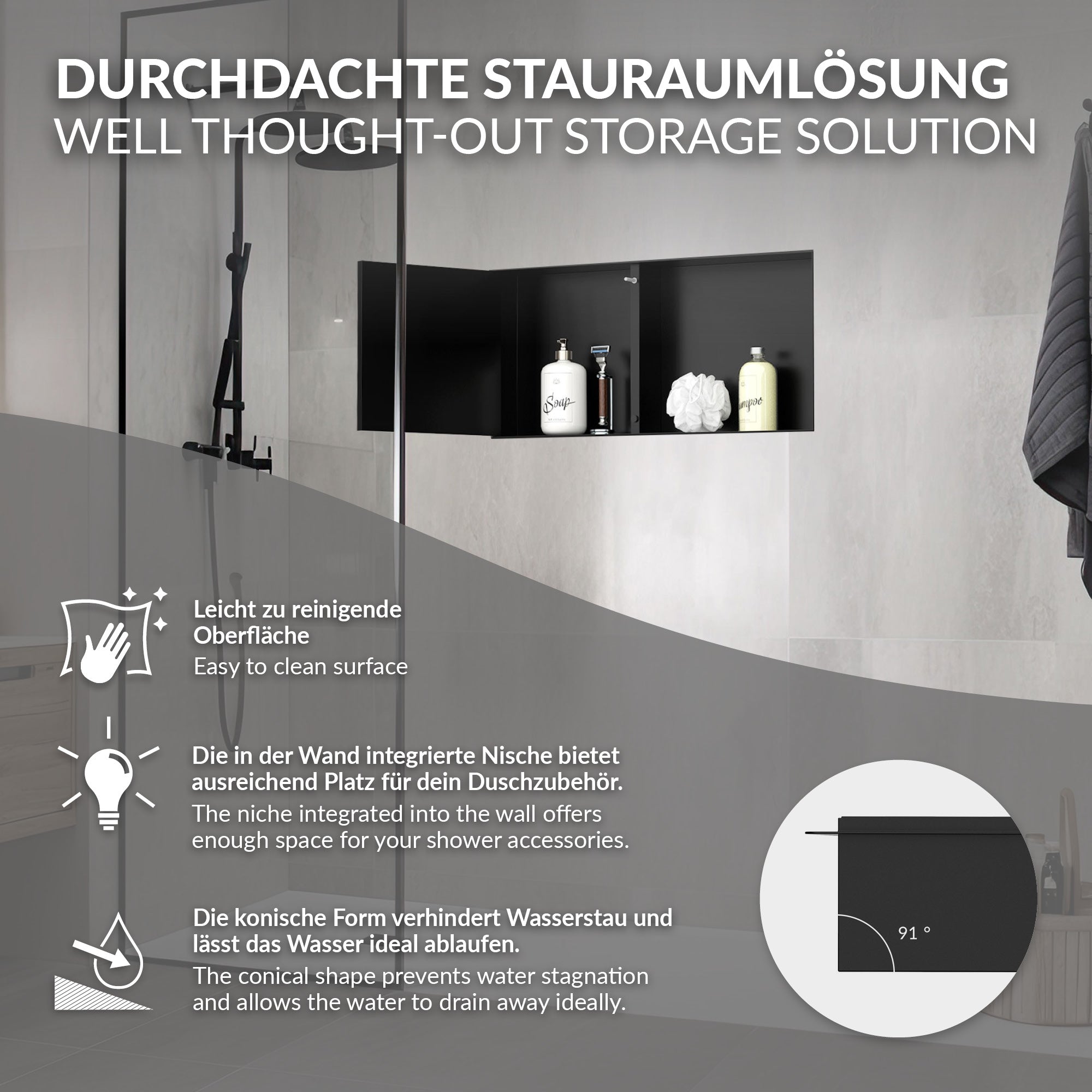 Black wall niche for shower accessories with a conical shape.