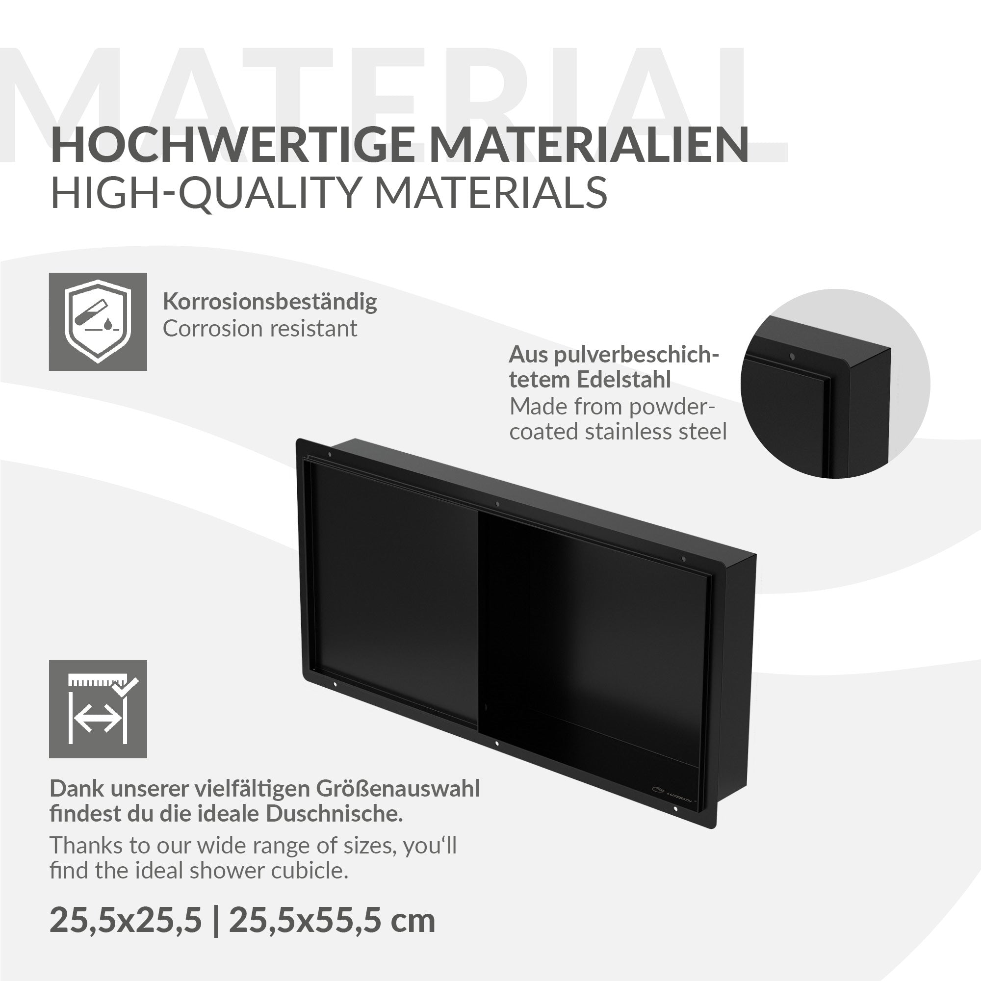 Graphic with information on high-quality materials and shower sizes.