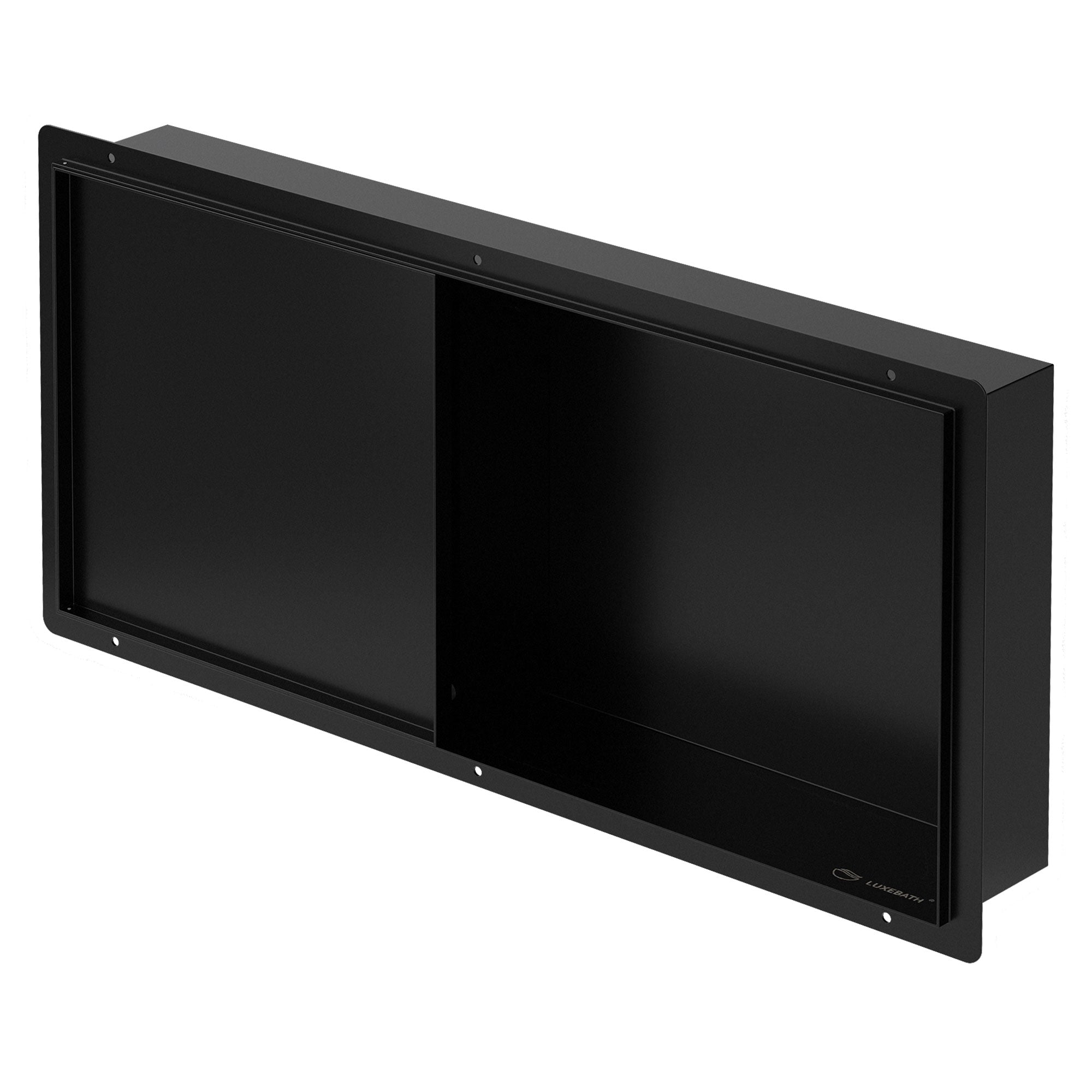Black wall niche with two compartments for storage in the bathroom.