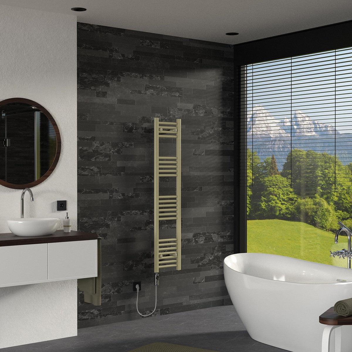Heizkörper in einem modernen Badezimmer mit Blick auf die Natur.