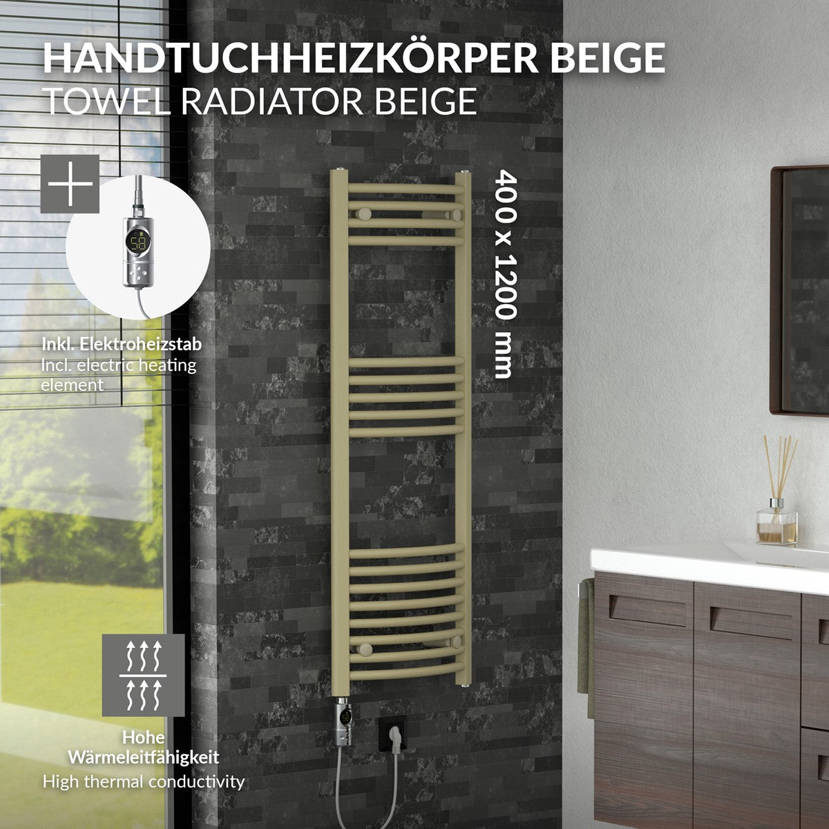 Beiger Handtuchheizkörper mit technischen Details.