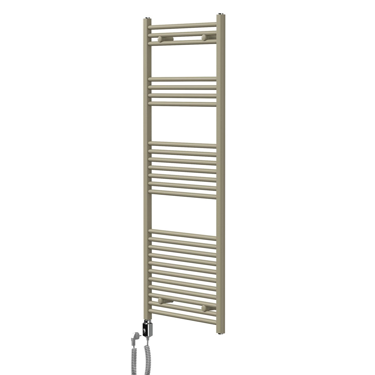 Beige Handtuchwärmer, an einer Wand montiert, mit sichtbarem Anschluss.
