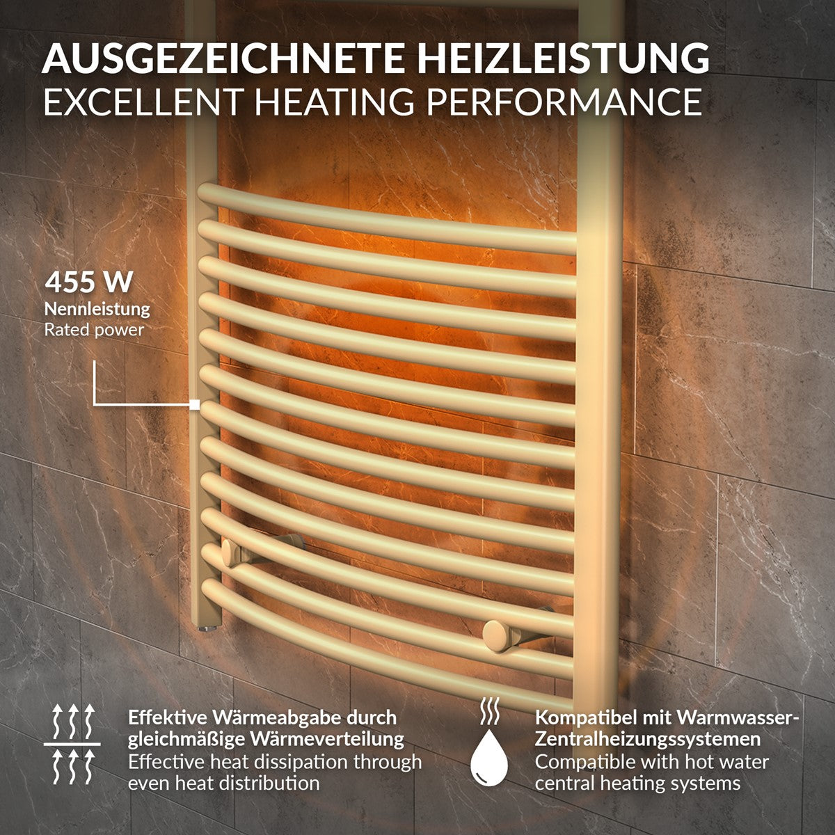 Beige Handtuchheizkörper mit Heizleistung und Kompatibilität.