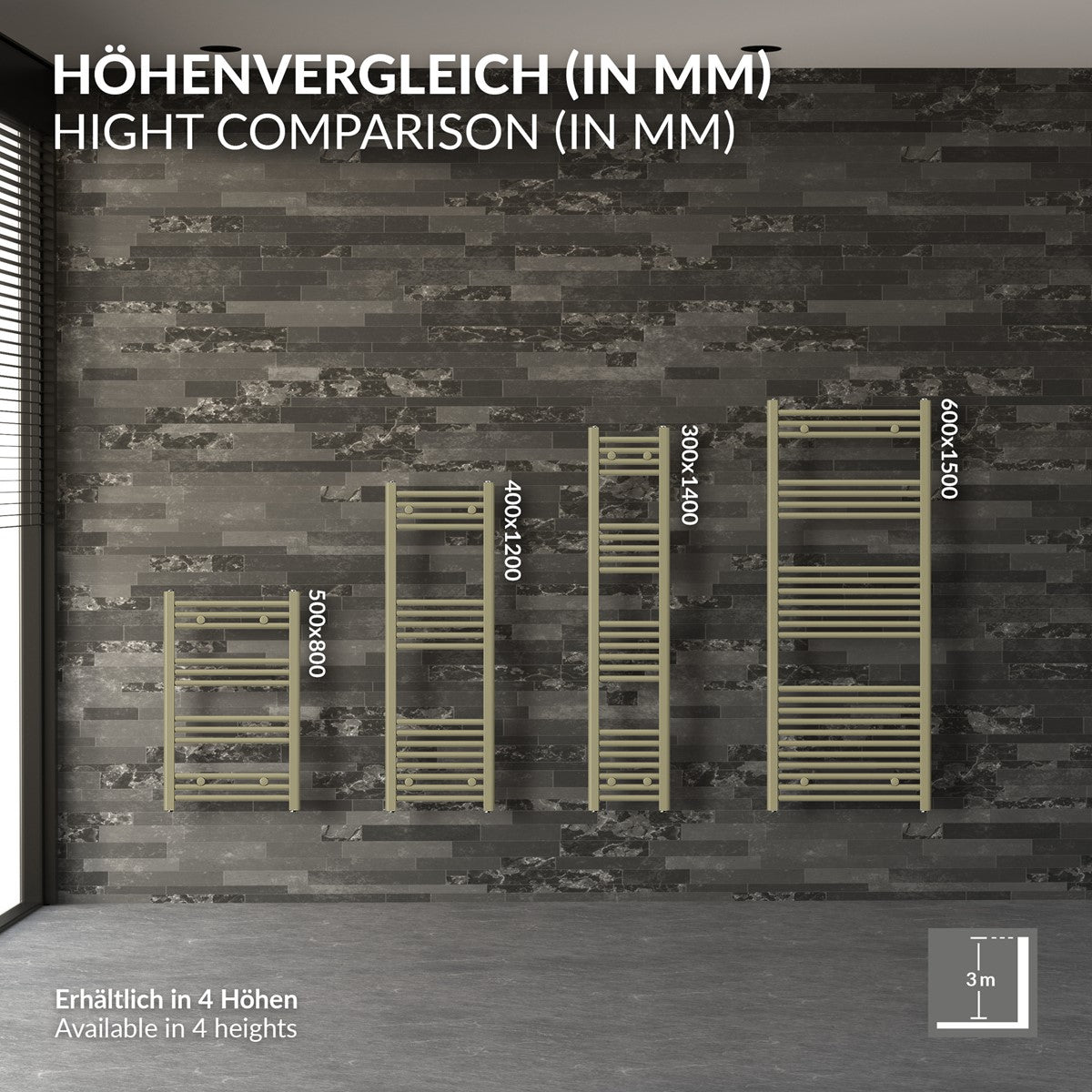 Höhenvergleich von Handtuchheizkörpern an einer Wand.