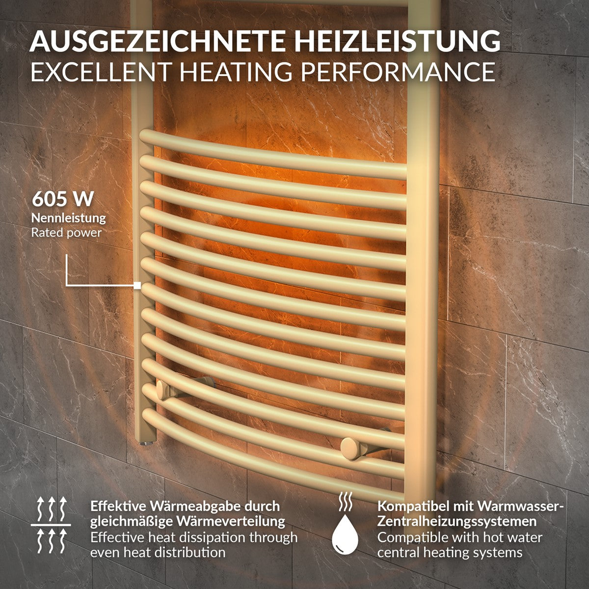 Handtuchheizkörper mit Heizleistung und Kompatibilität zu Heizsystemen.