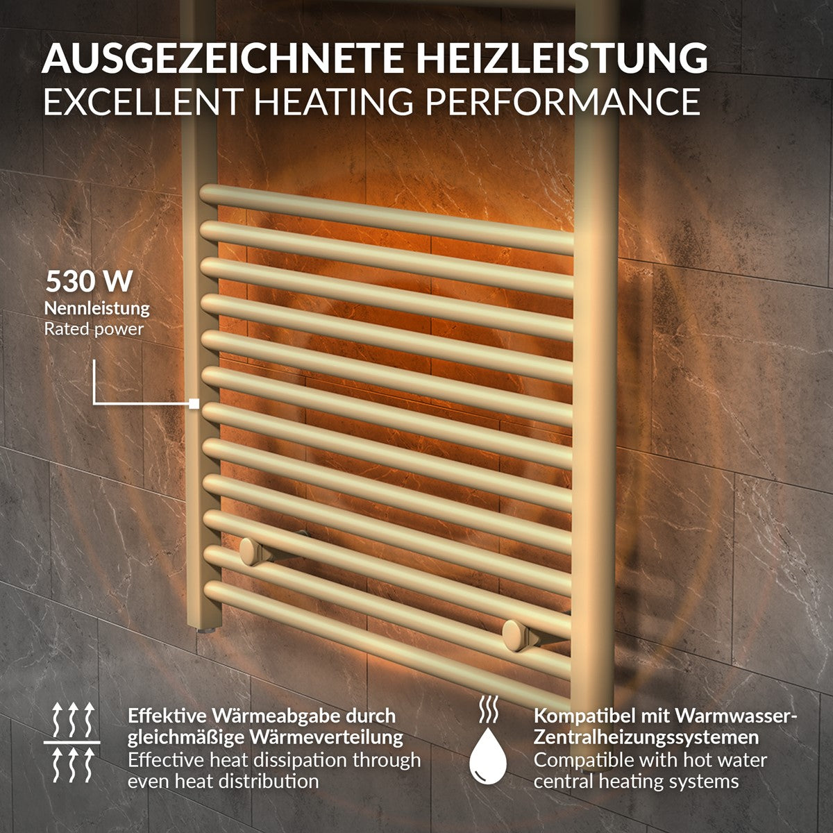 Heizkörper mit 530 W Leistung und gleichmäßiger Wärmeabgabe.