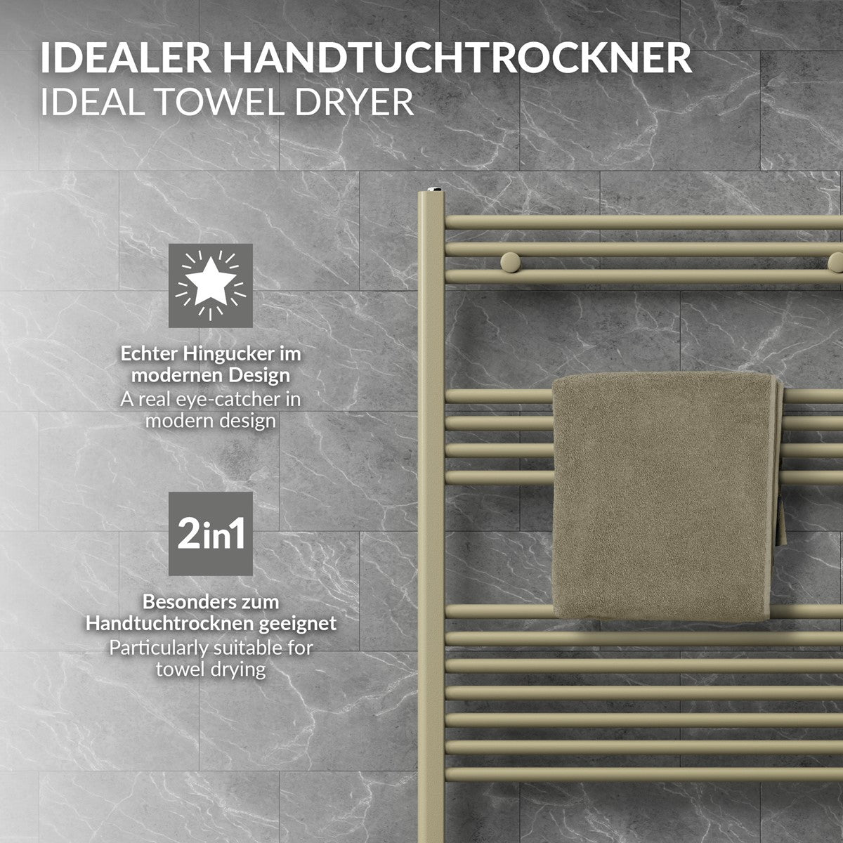 Heizkörper im modernen Design mit Handtuch auf der Ablage.
