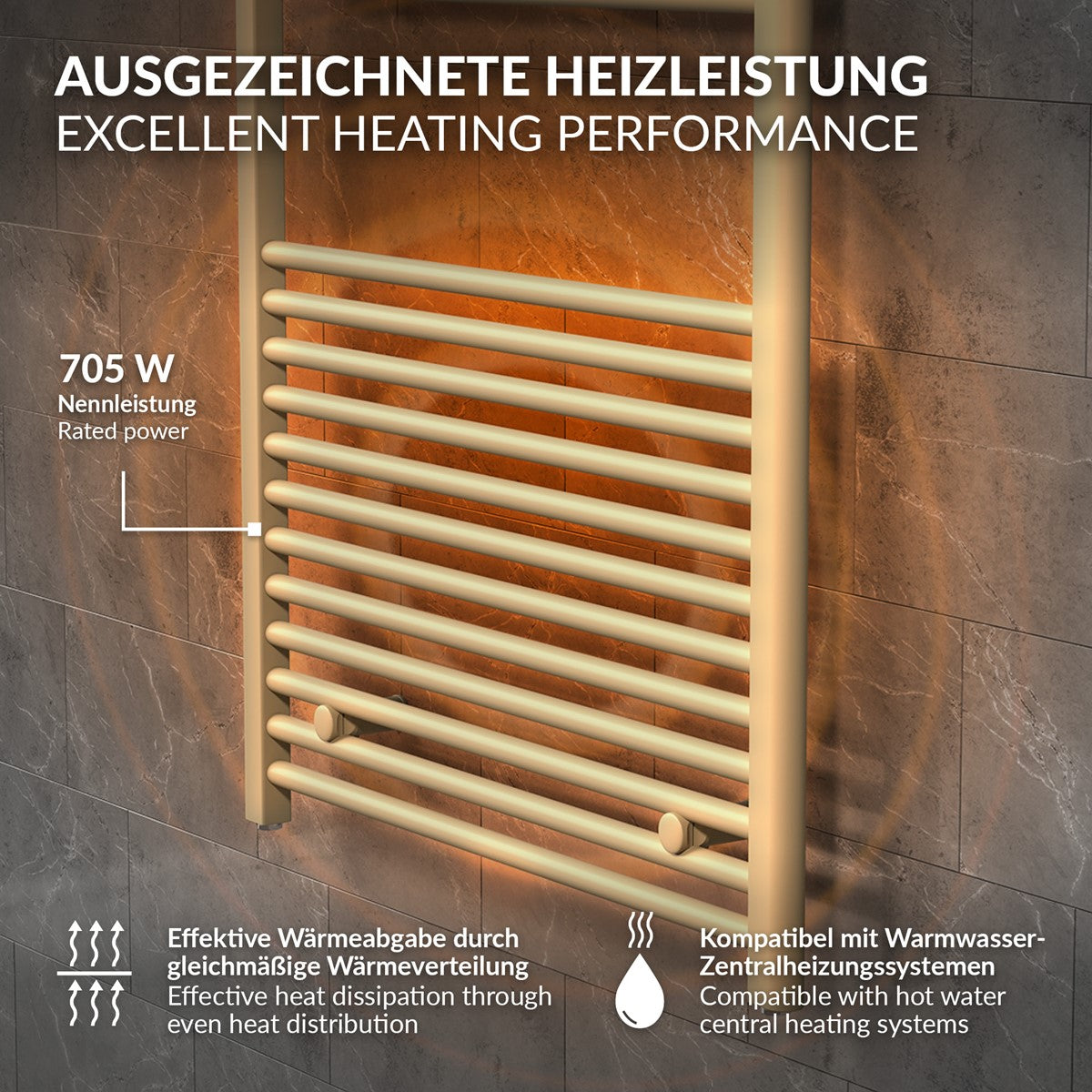 Ein Heizkörper mit mehreren horizontalen Röhren auf einer Steinwand.