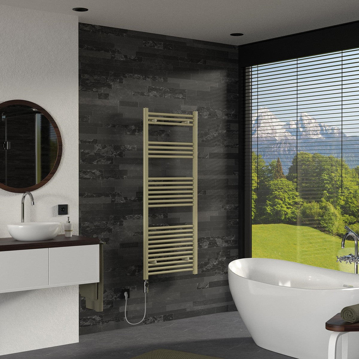 Badezimmer mit Handtuchheizkörper, Waschbecken und Fenster mit Bergblick.
