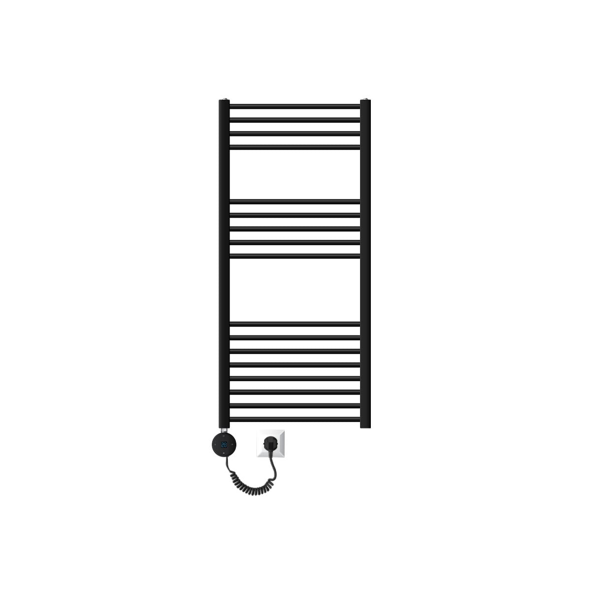 Zwarte handdoekradiator met meerdere horizontale spijlen.