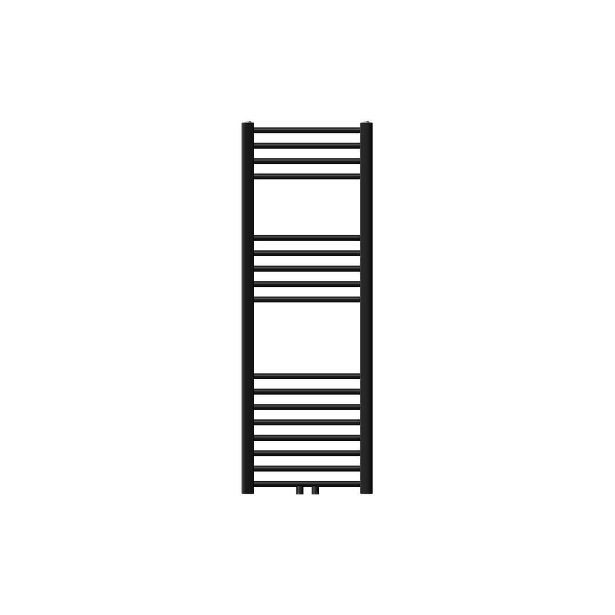 Radiateur noir de taille moyenne, vertical avec plusieurs barres horizontales.