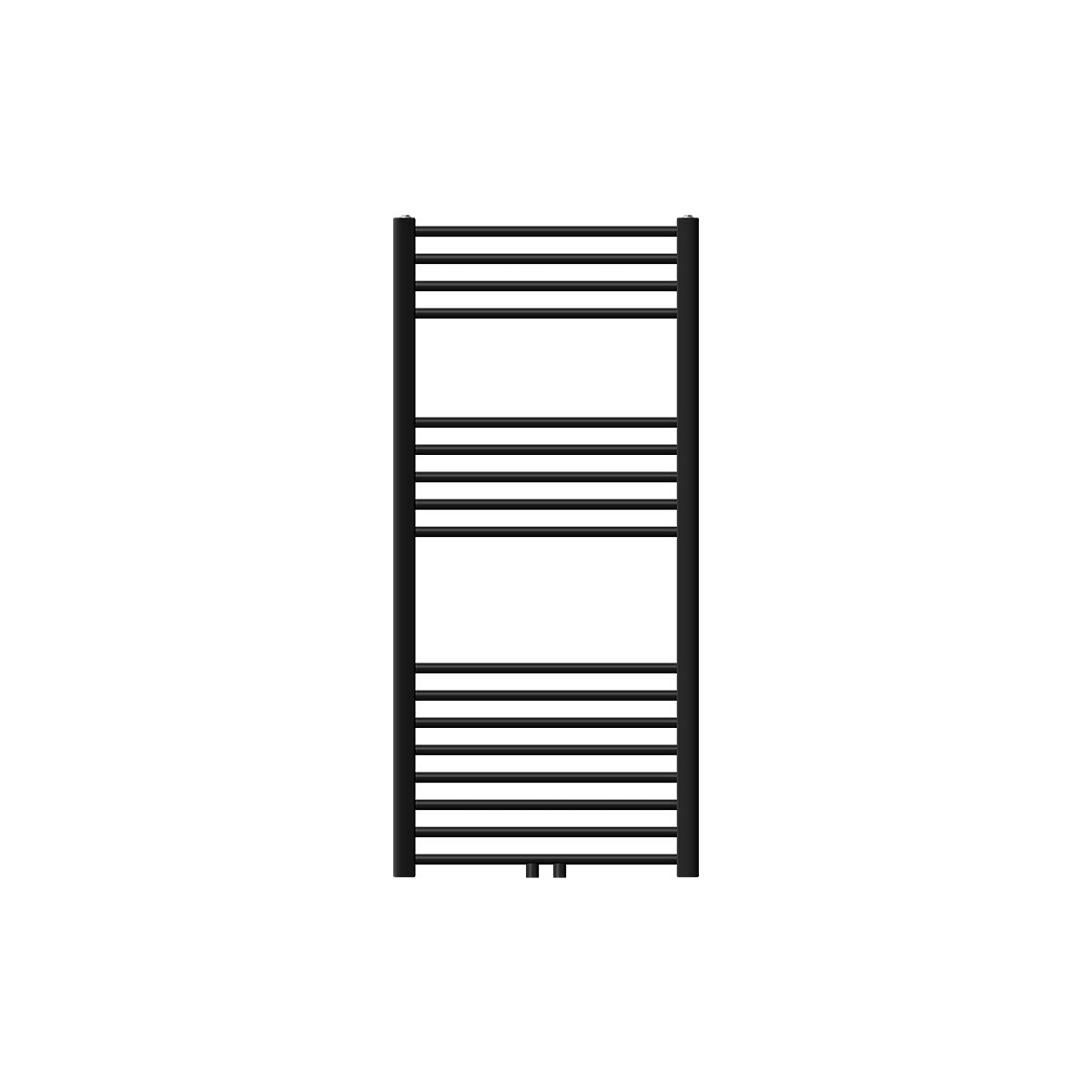 Radiateur noir de taille moyenne, disposé verticalement.