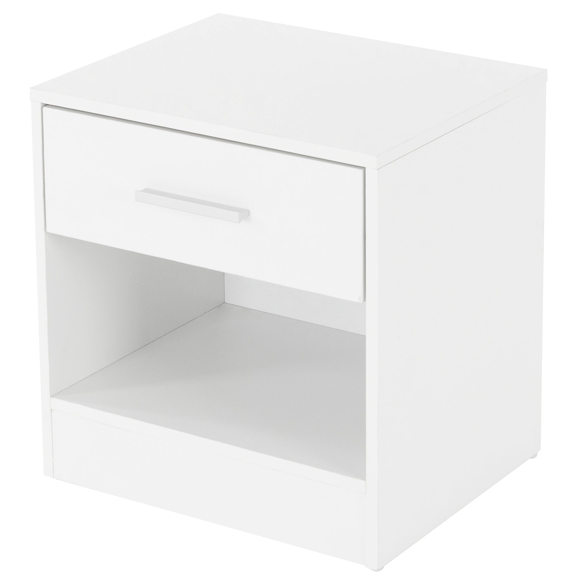 Comodino bianco con un cassetto e un vano aperto.
