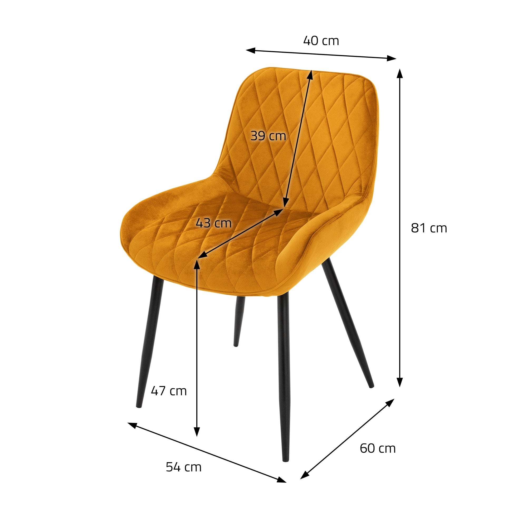 Chaise jaune avec des dimensions : hauteur 81 cm, largeur 54 cm, profondeur 40 cm.