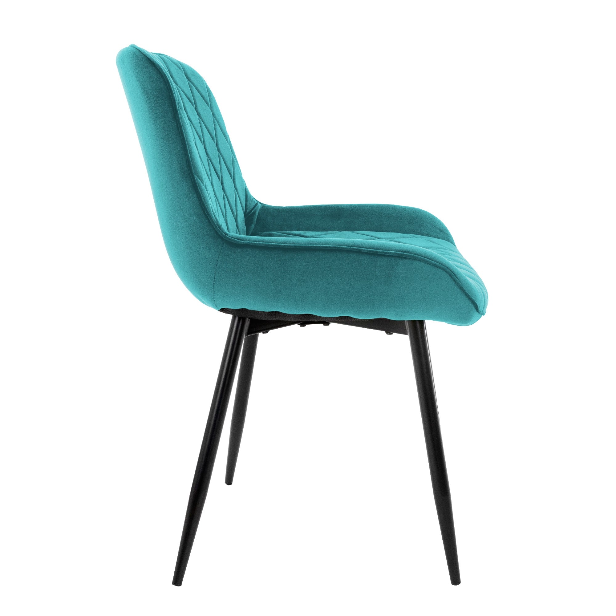 Vista lateral de una silla turquesa con tapizado acolchado.