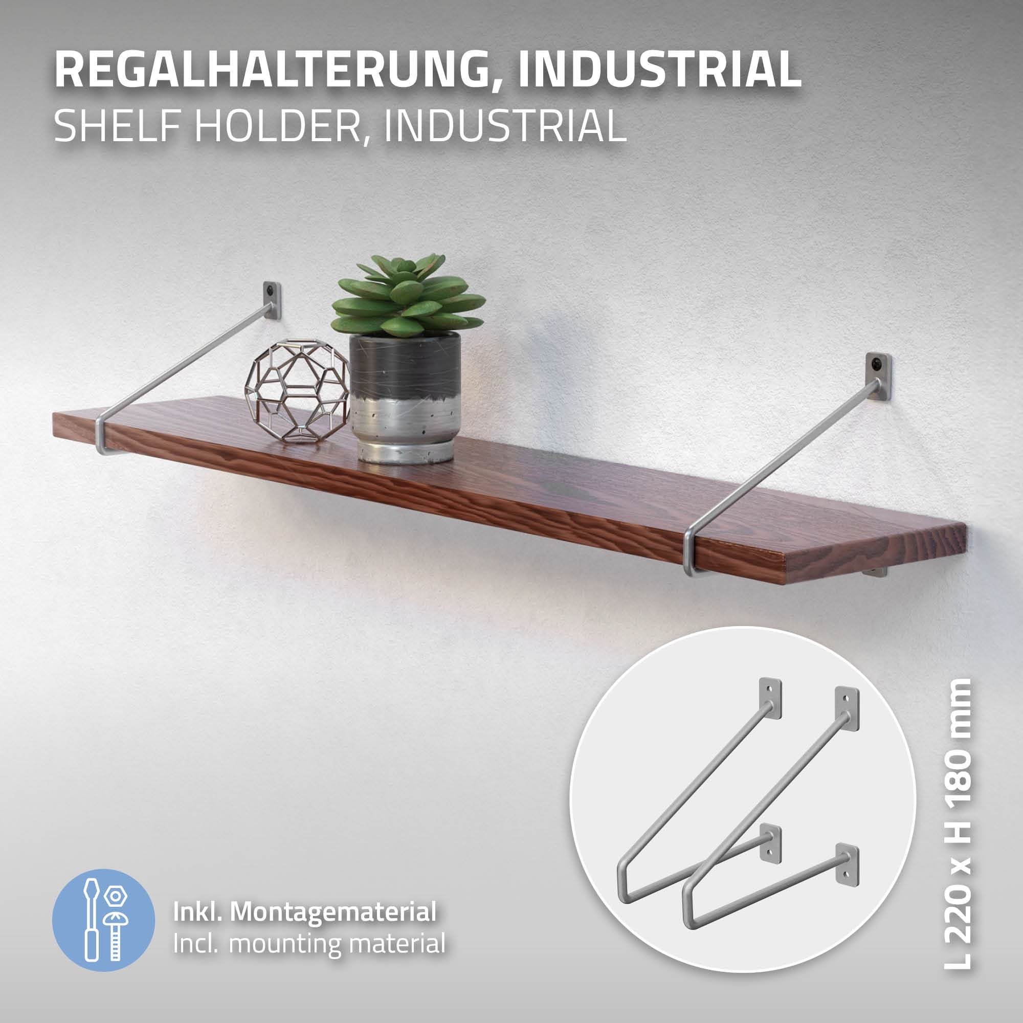 Support d'étagère en métal, étagère en bois avec des plantes et de la décoration.