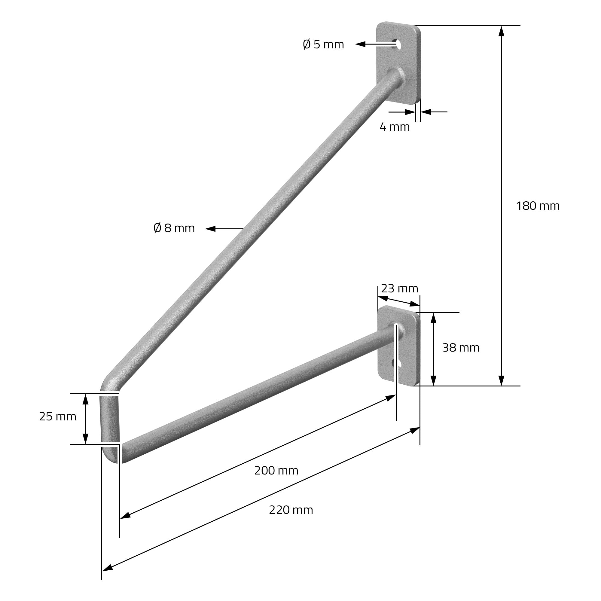 Technical drawing of a shelf holder with dimensions and diameters.