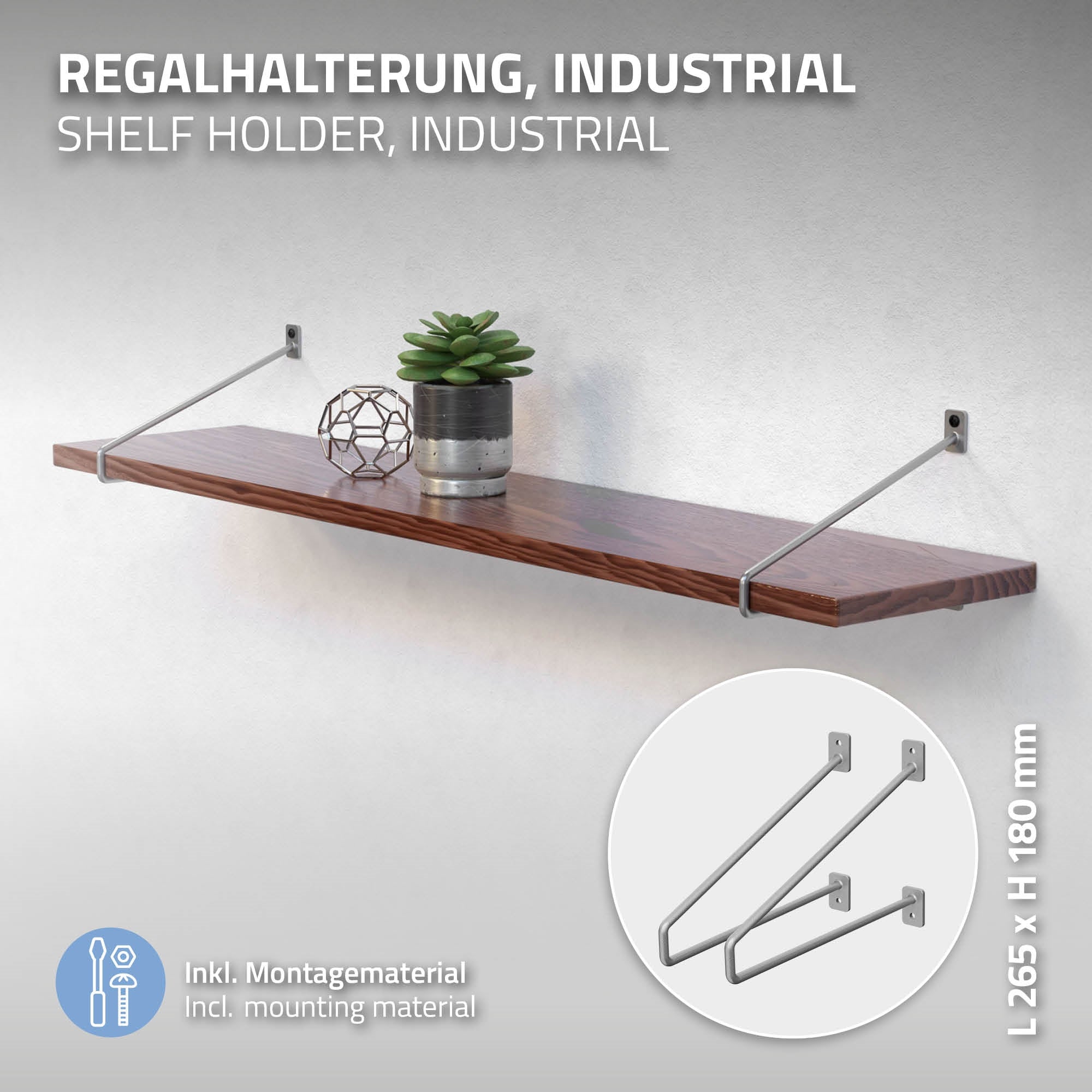 Graphique avec des supports d'étagère industriels, dimensions et instructions de montage.