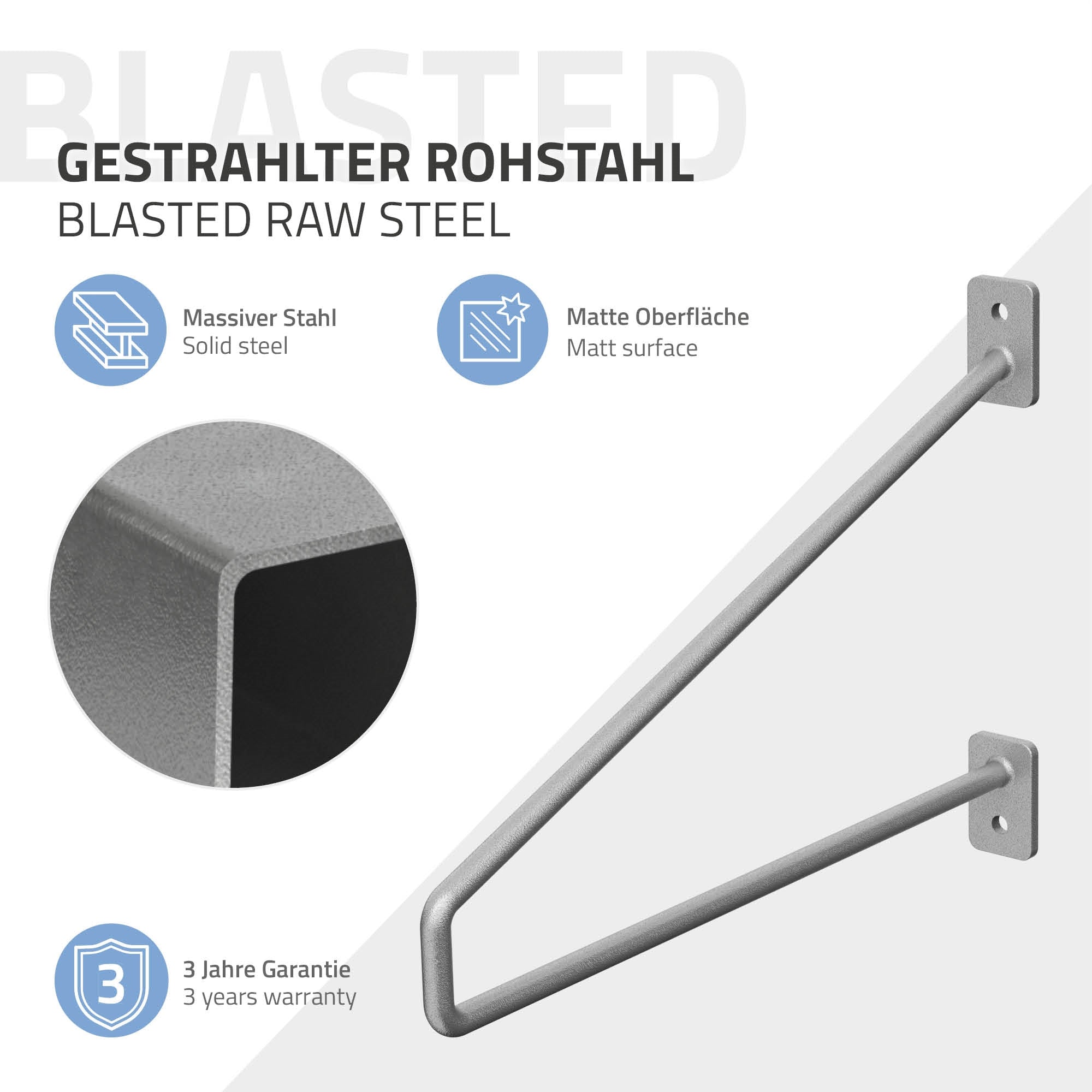 Regalhalter aus Stahl mit Garantieinformationen.