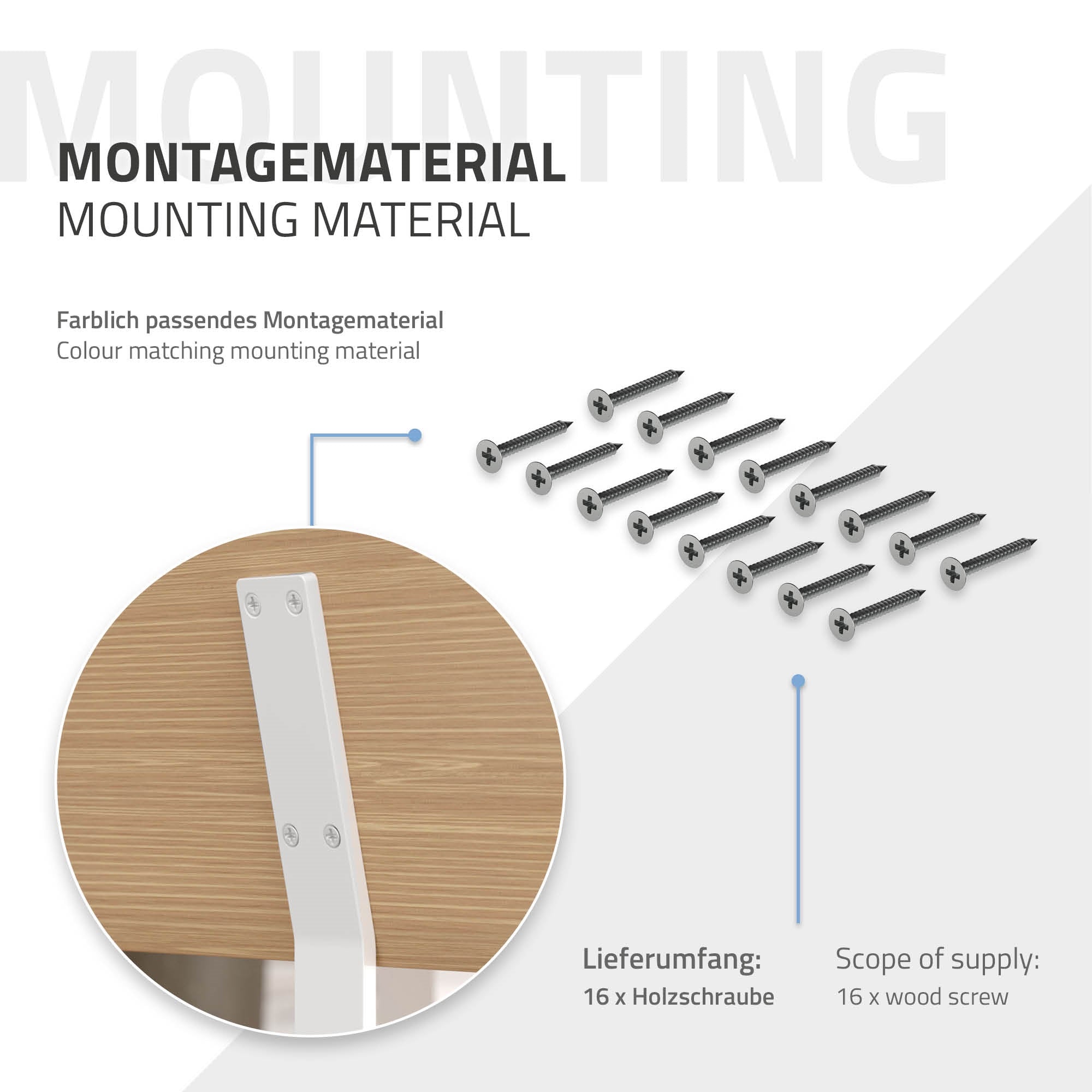 Montagematerial mit Holzschrauben auf hellem Hintergrund.