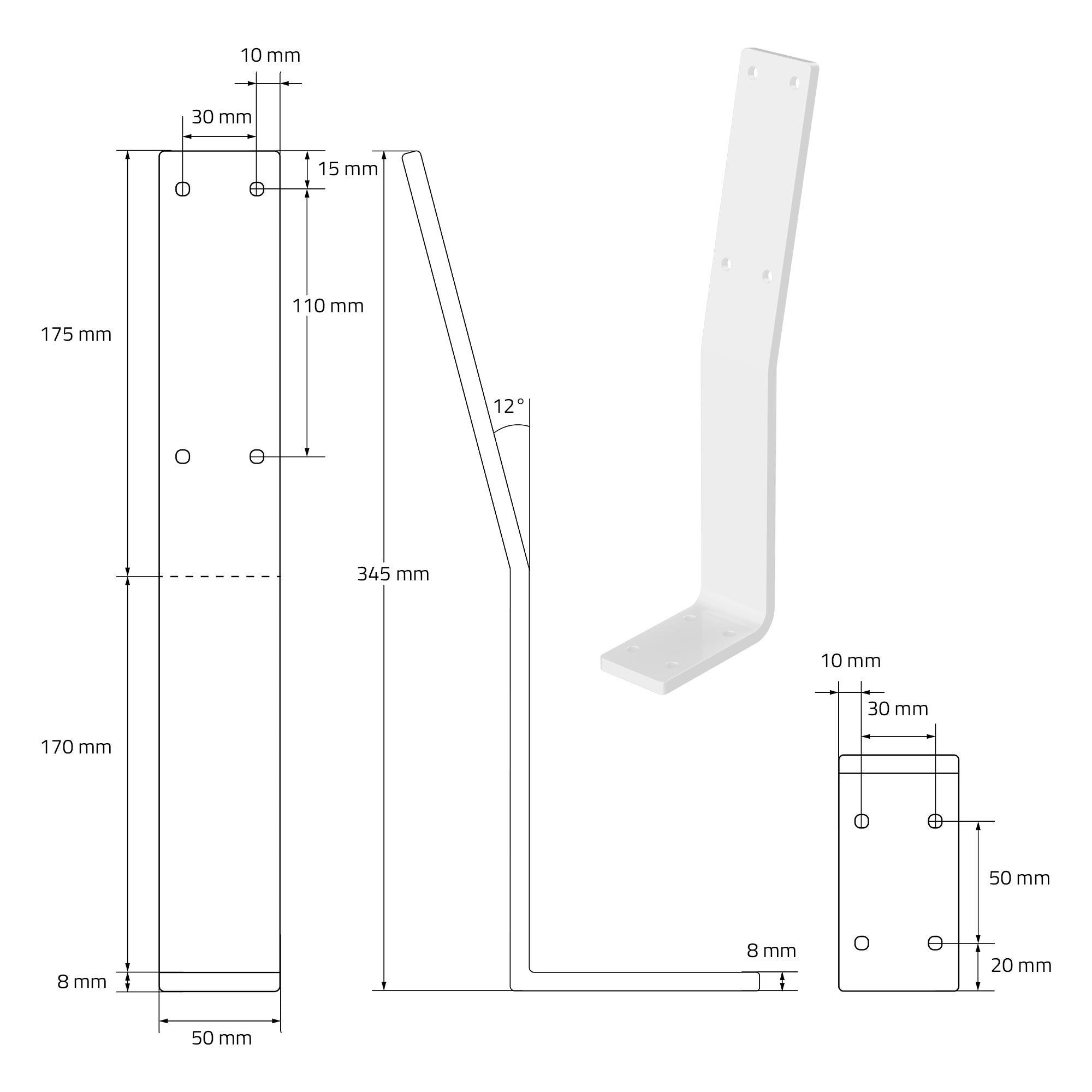 Technische Zeichnung eines Regalhalters mit Maßen und Details.