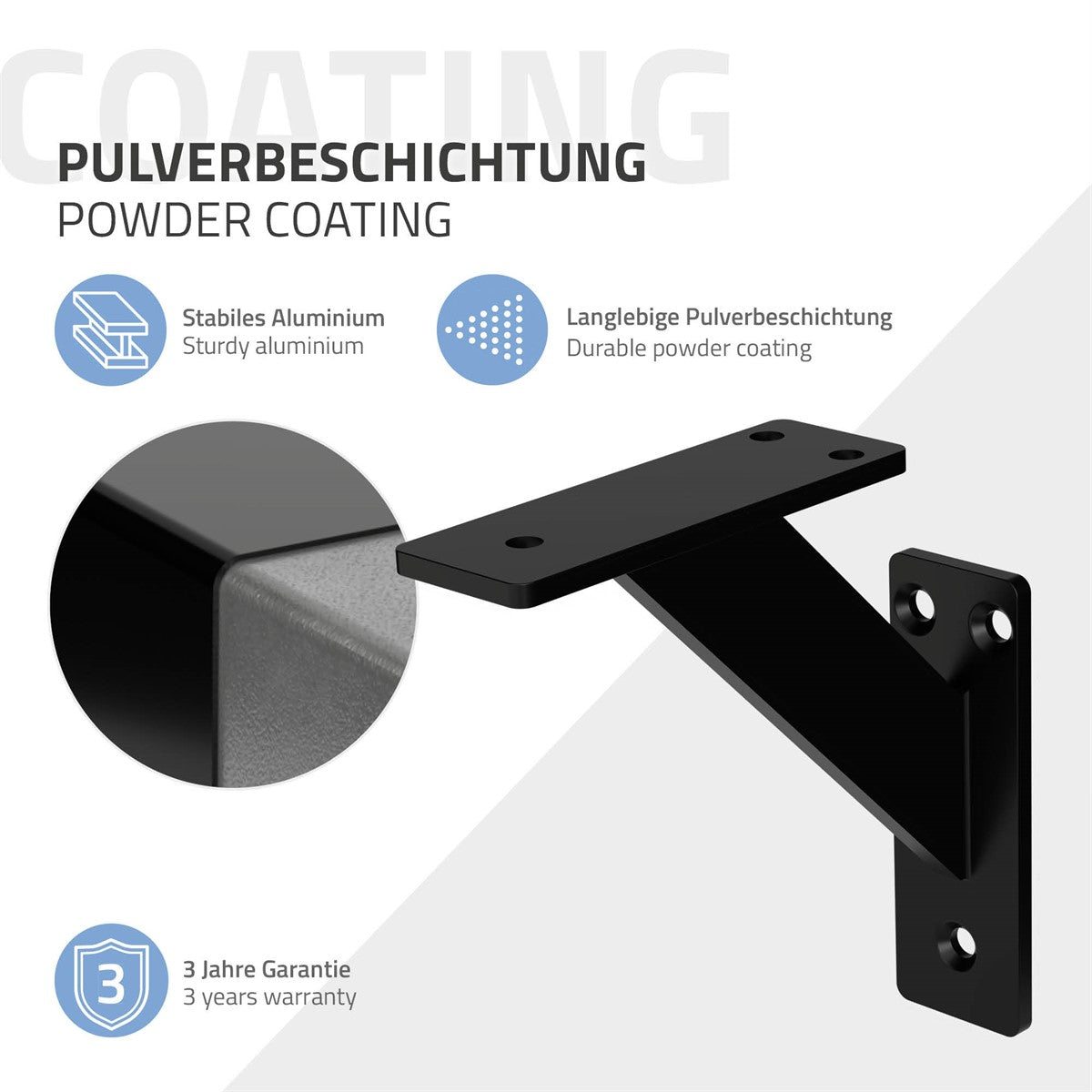 Detailansicht einer Halterung aus Aluminium mit Pulverbeschichtung.