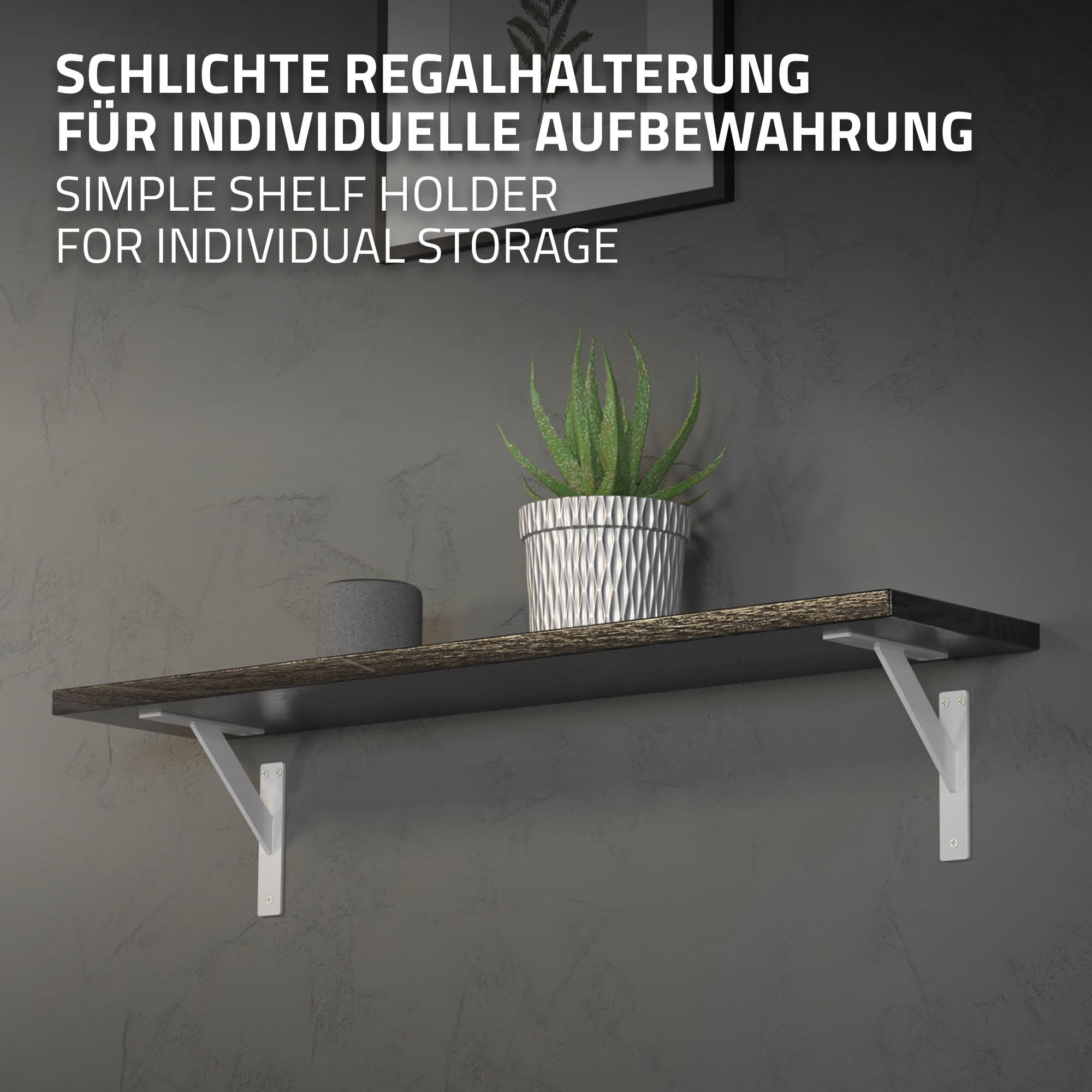 Shelf bracket with plant on a shelf, simple design.
