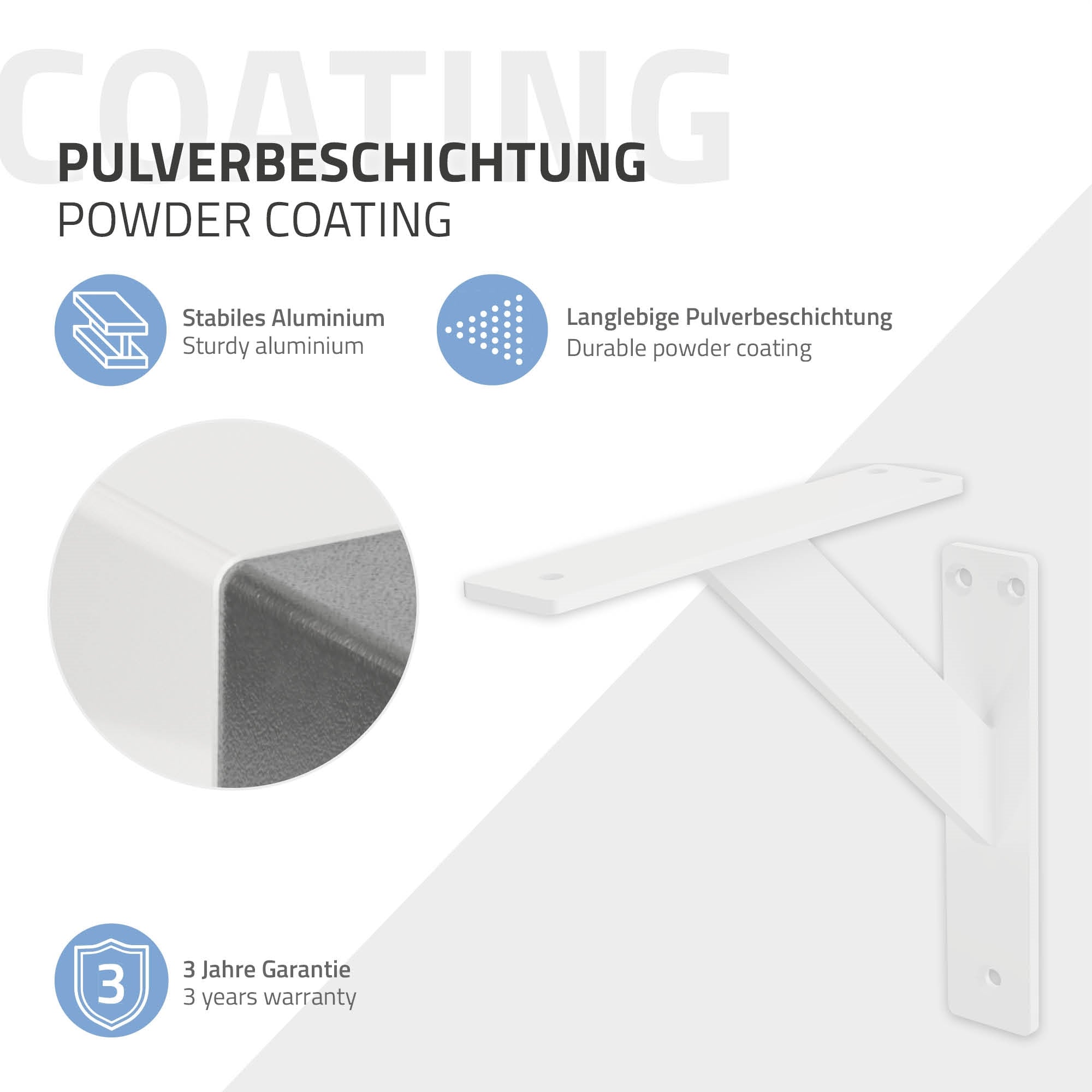 Graphic on powder coating and warranty information for brackets.
