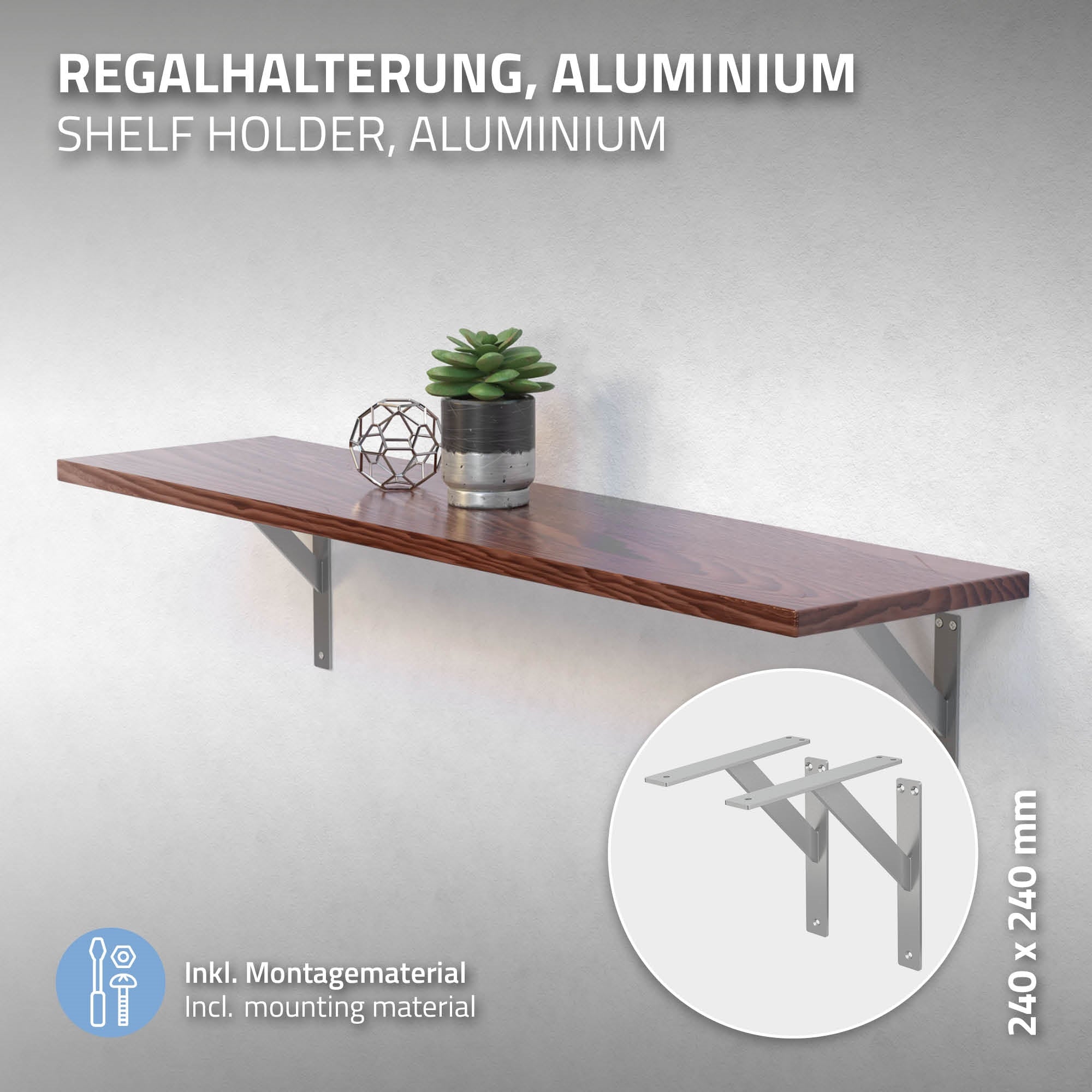 Support d'étagère en aluminium avec étagère en bois et plante.
