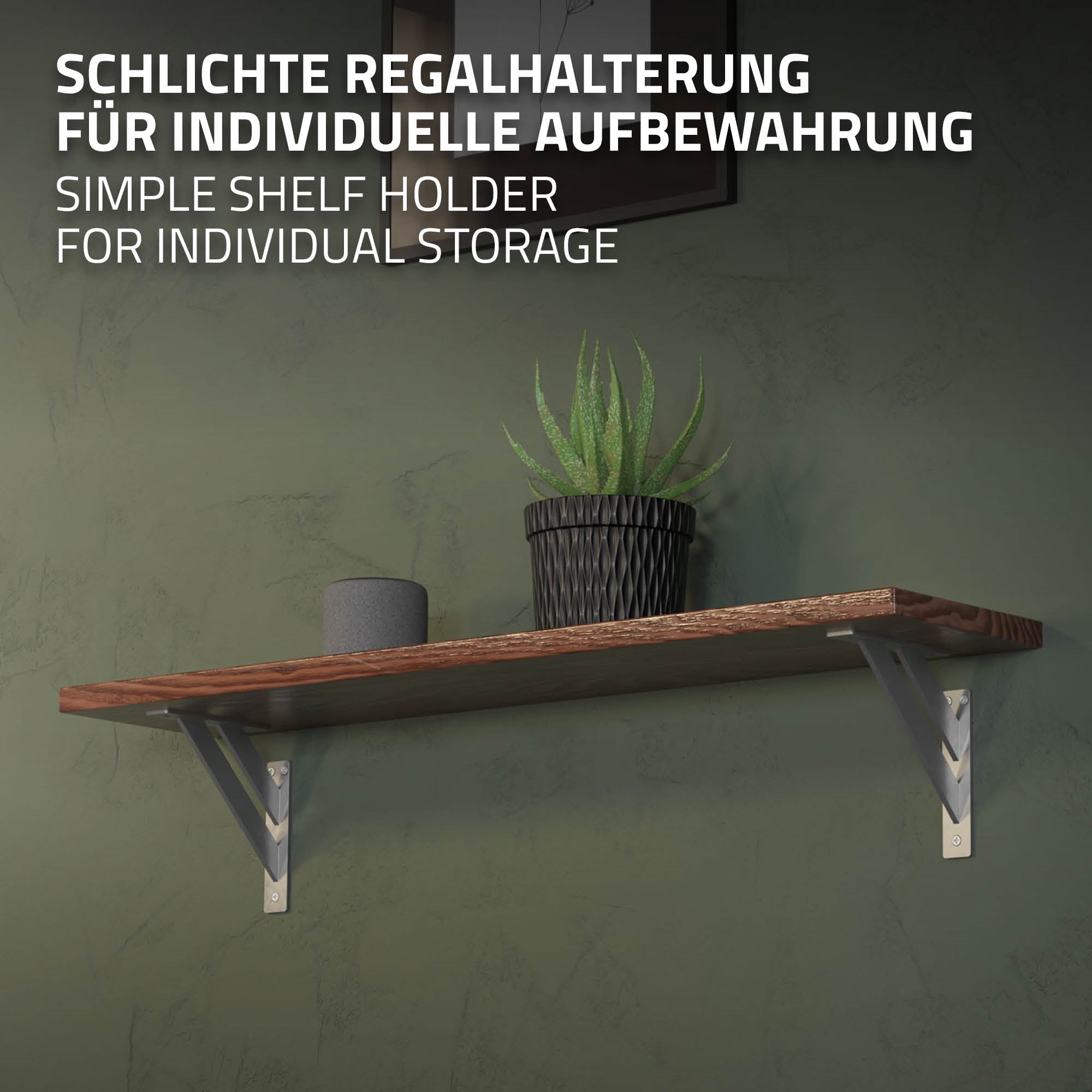 Regalhalterung an Wand mit Holzregal und Pflanze.