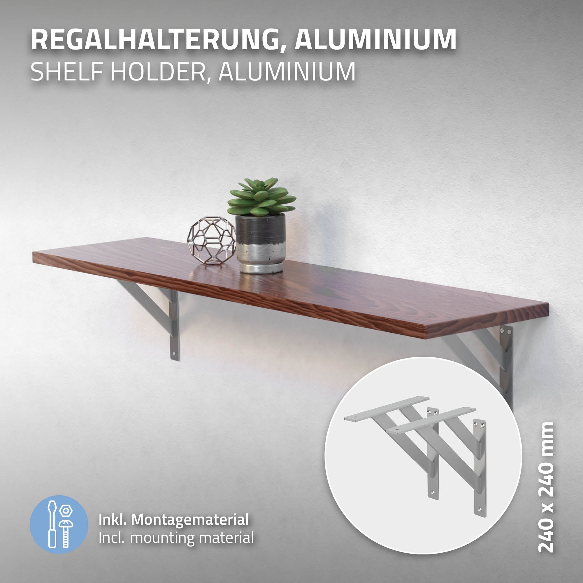 Support d'étagère en bois en aluminium avec une planche en bois et une plante.