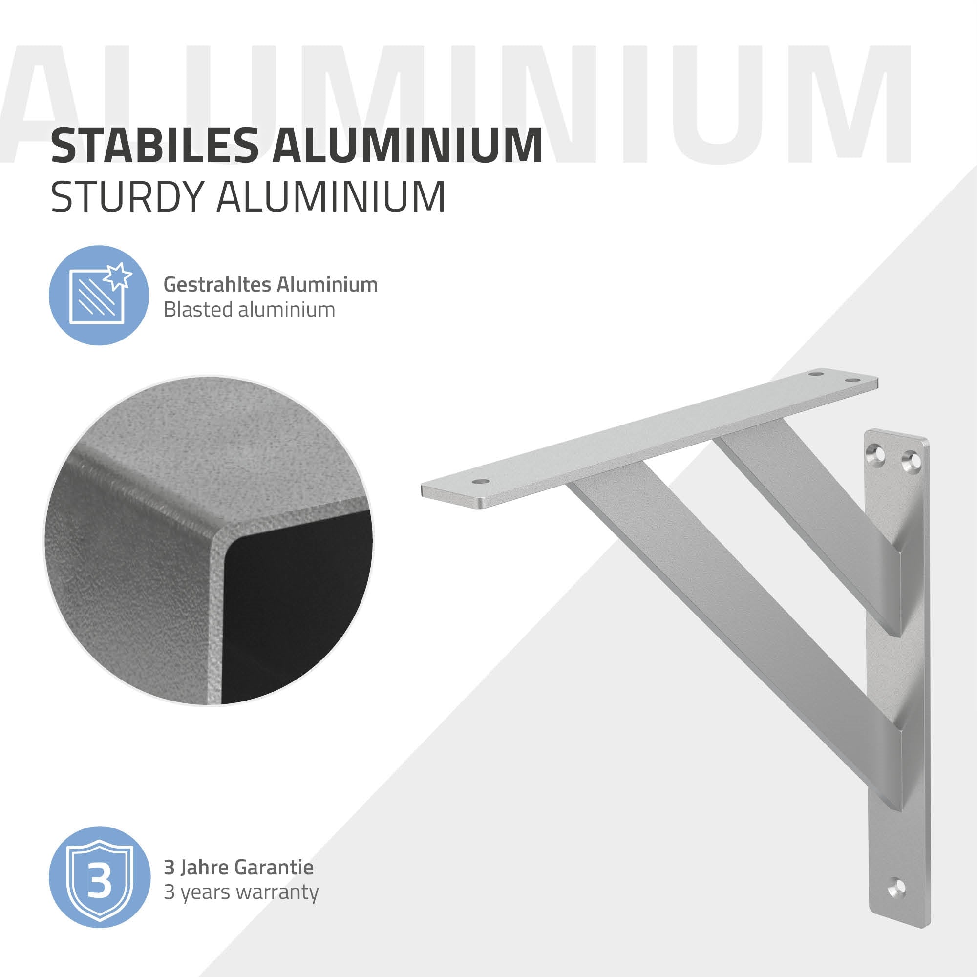 En stabil aluminiumsbeslag med tekniske detaljer og garantinformation.
