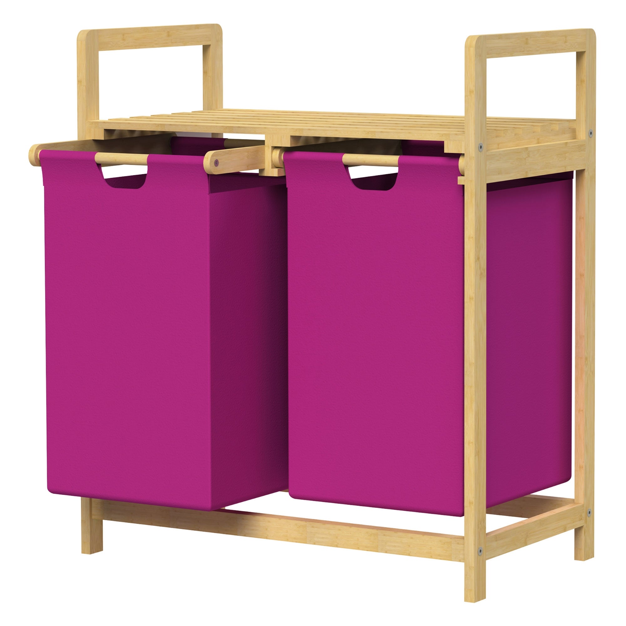 Ein Wäschekorb mit zwei pinken Behältern auf einem Holzgestell.