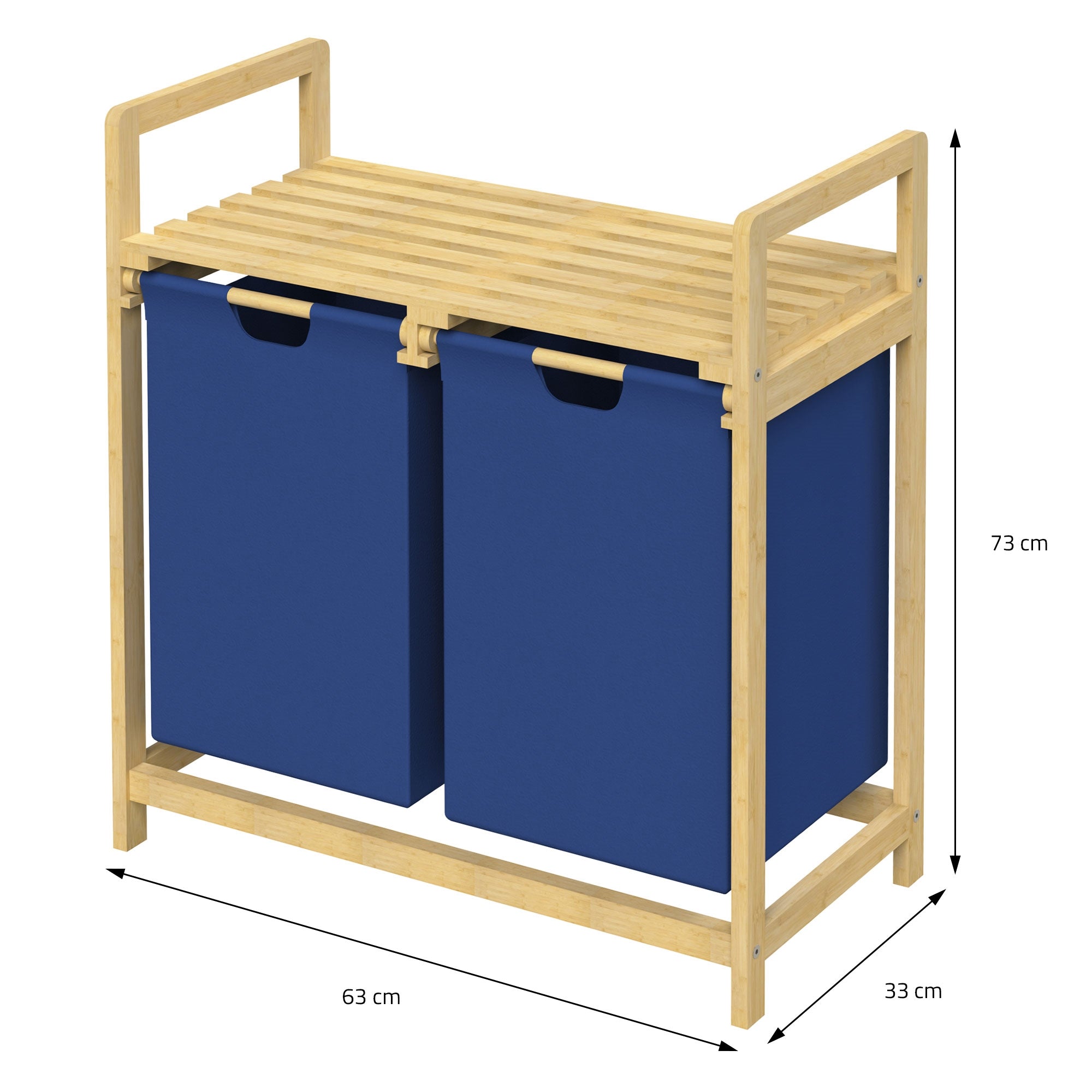 Holzregal mit zwei blauen Wäschekörben, Maße: 63 cm x 33 cm x 73 cm.
