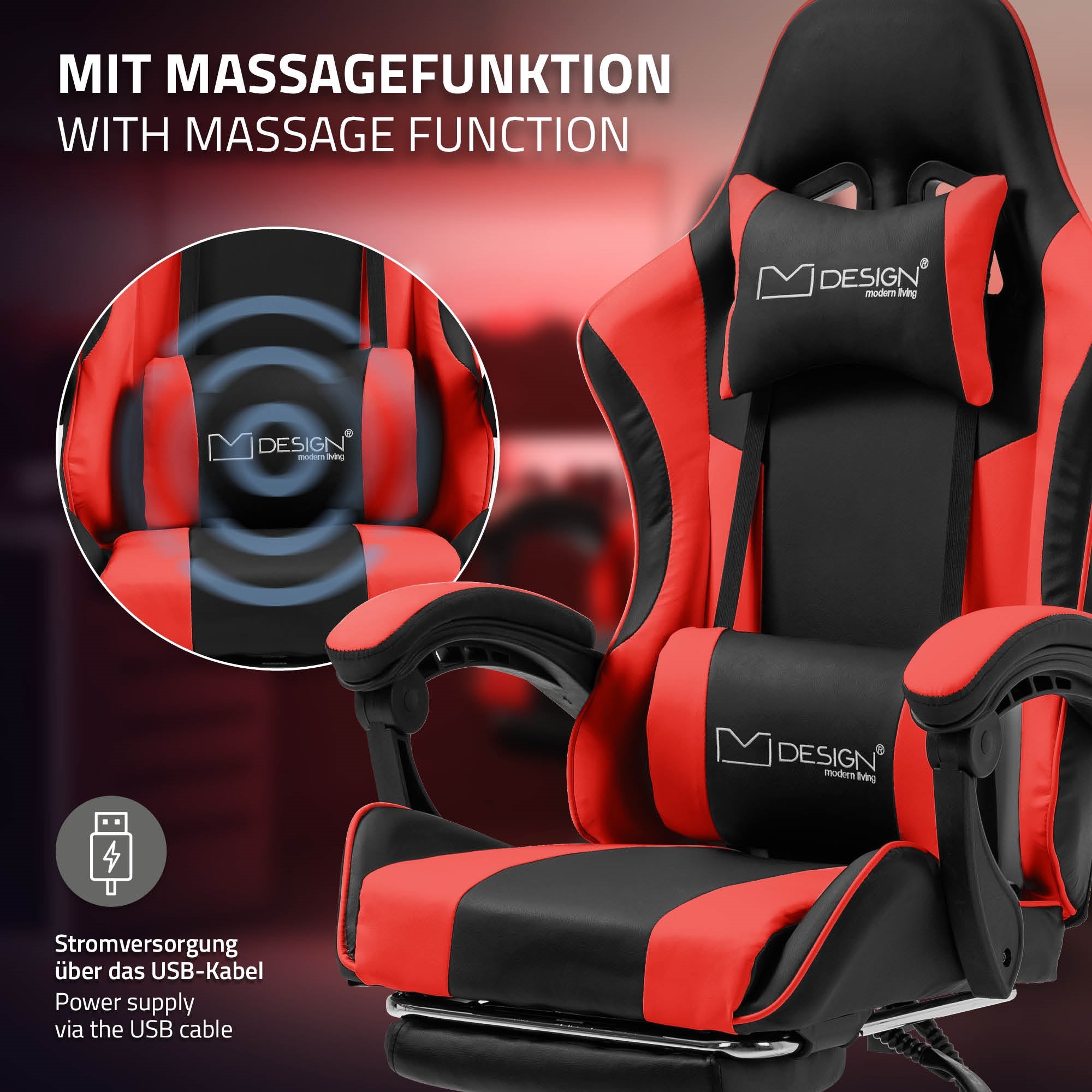Schwarzer Gaming-Stuhl mit Massagefunktion und USB-Stromversorgung.