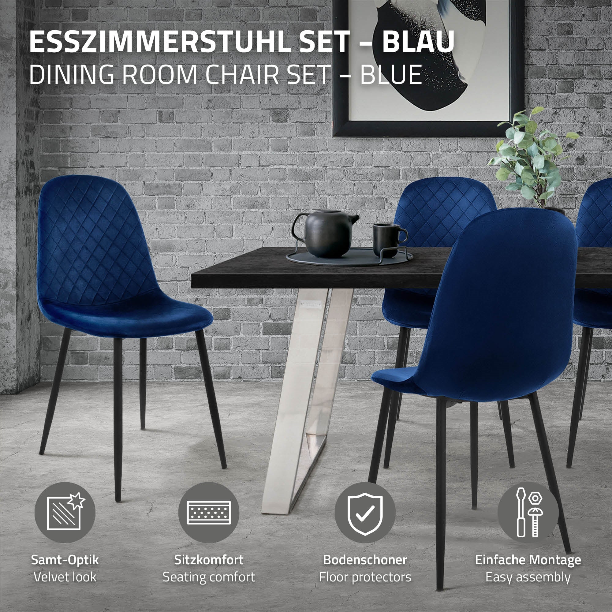 Blaues Esszimmerstuhl-Set an einem Tisch in einem modernen Raum.