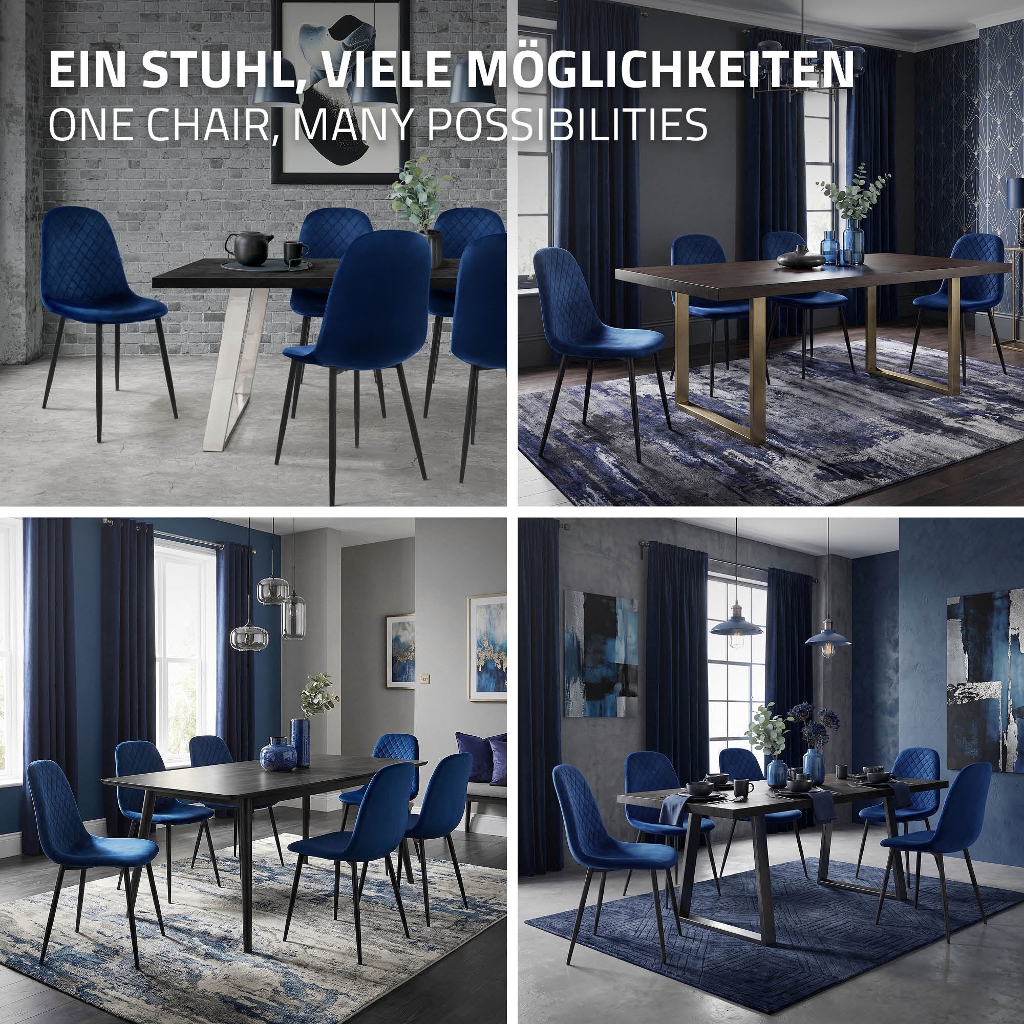 Vier Bilder von Esszimmern mit blauen Stühlen und Tischen.