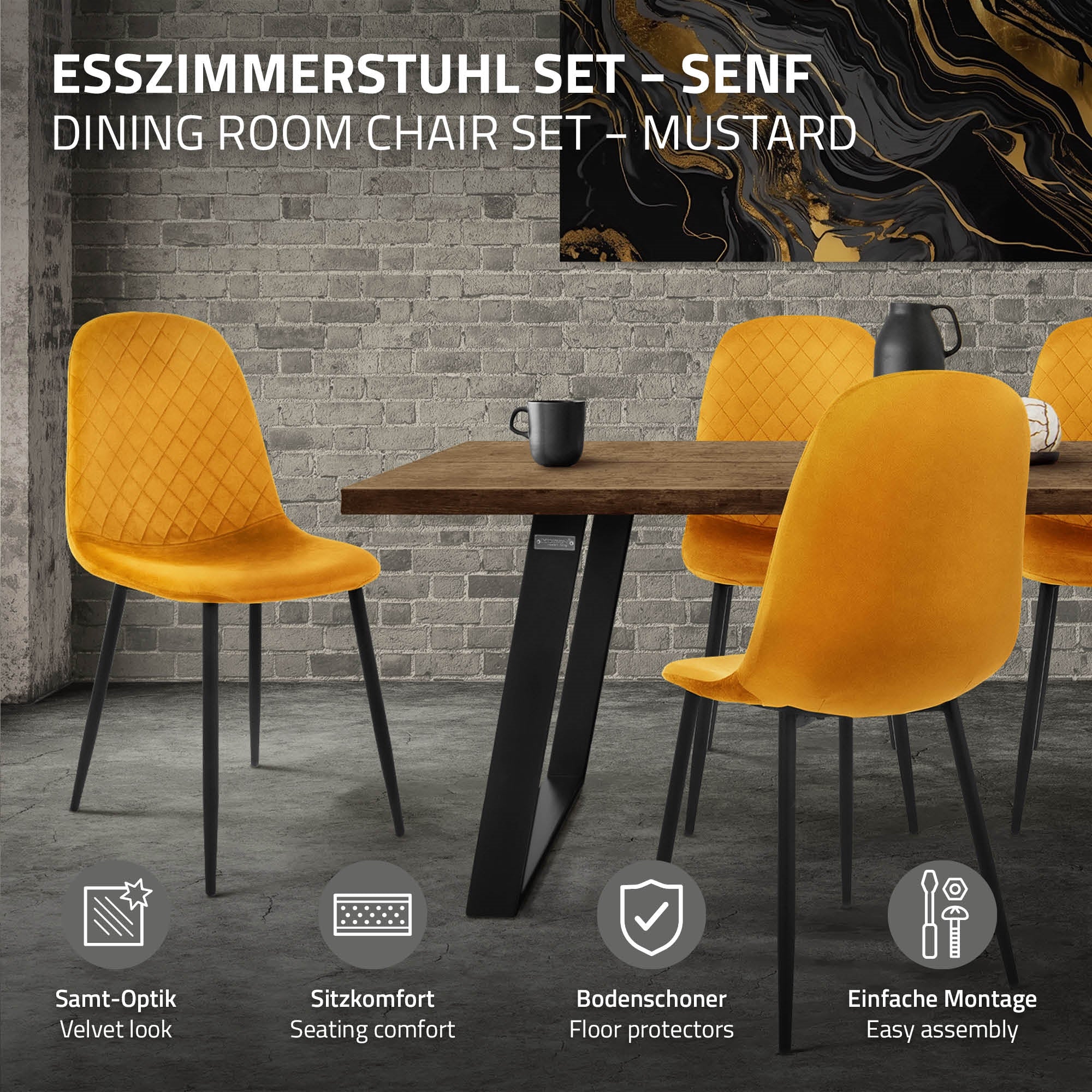 Esszimmerstuhl-Set in Senf mit Tisch und Informationen.