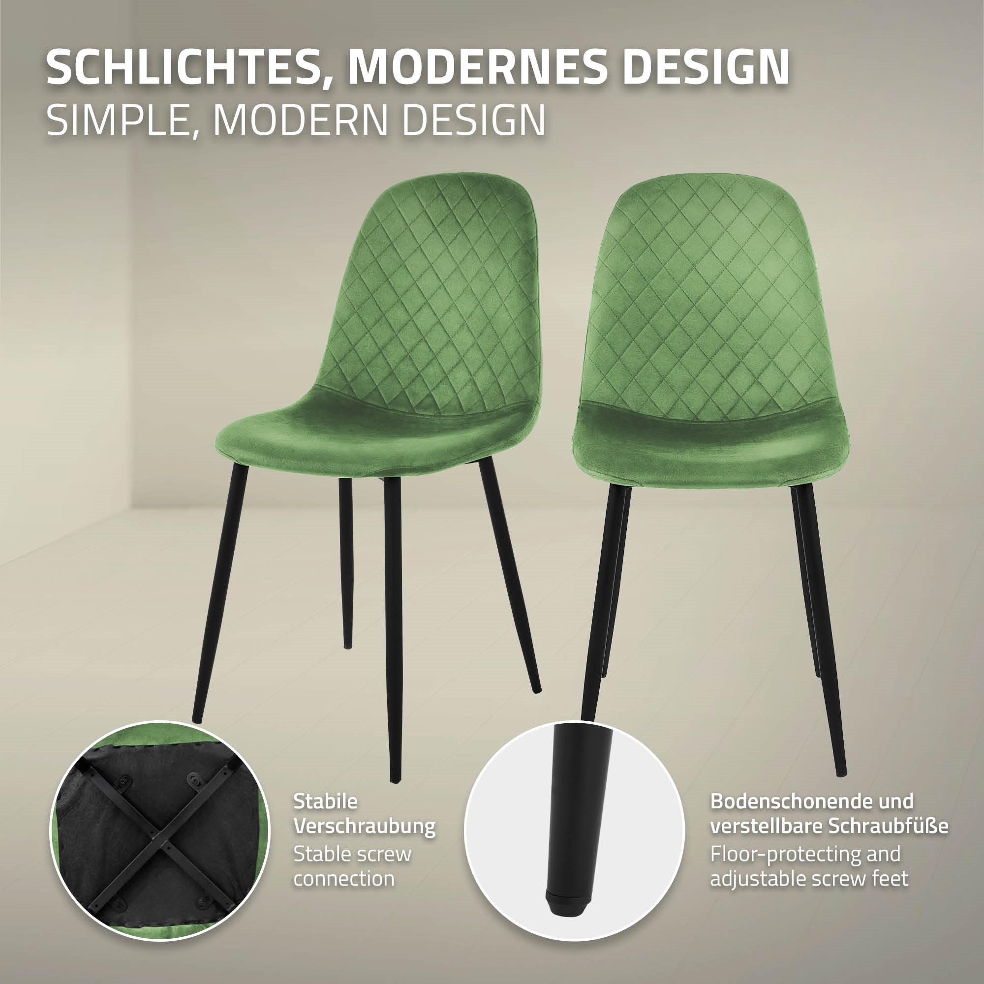 Grüne Stühle mit modernem Design vor einem hellen Hintergrund.