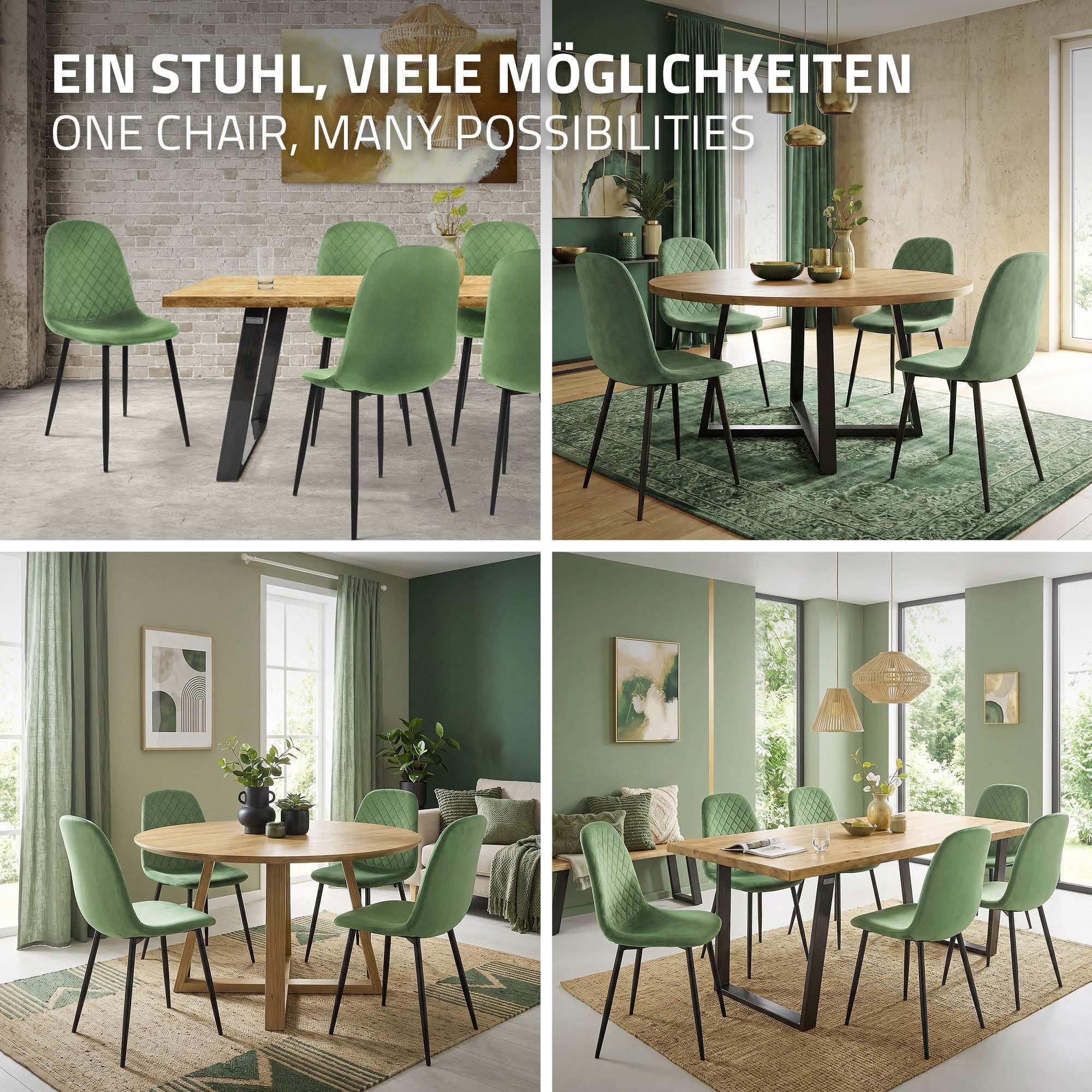 Vier grüne Stühle um einen Holztisch in verschiedenen Raumansichten.
