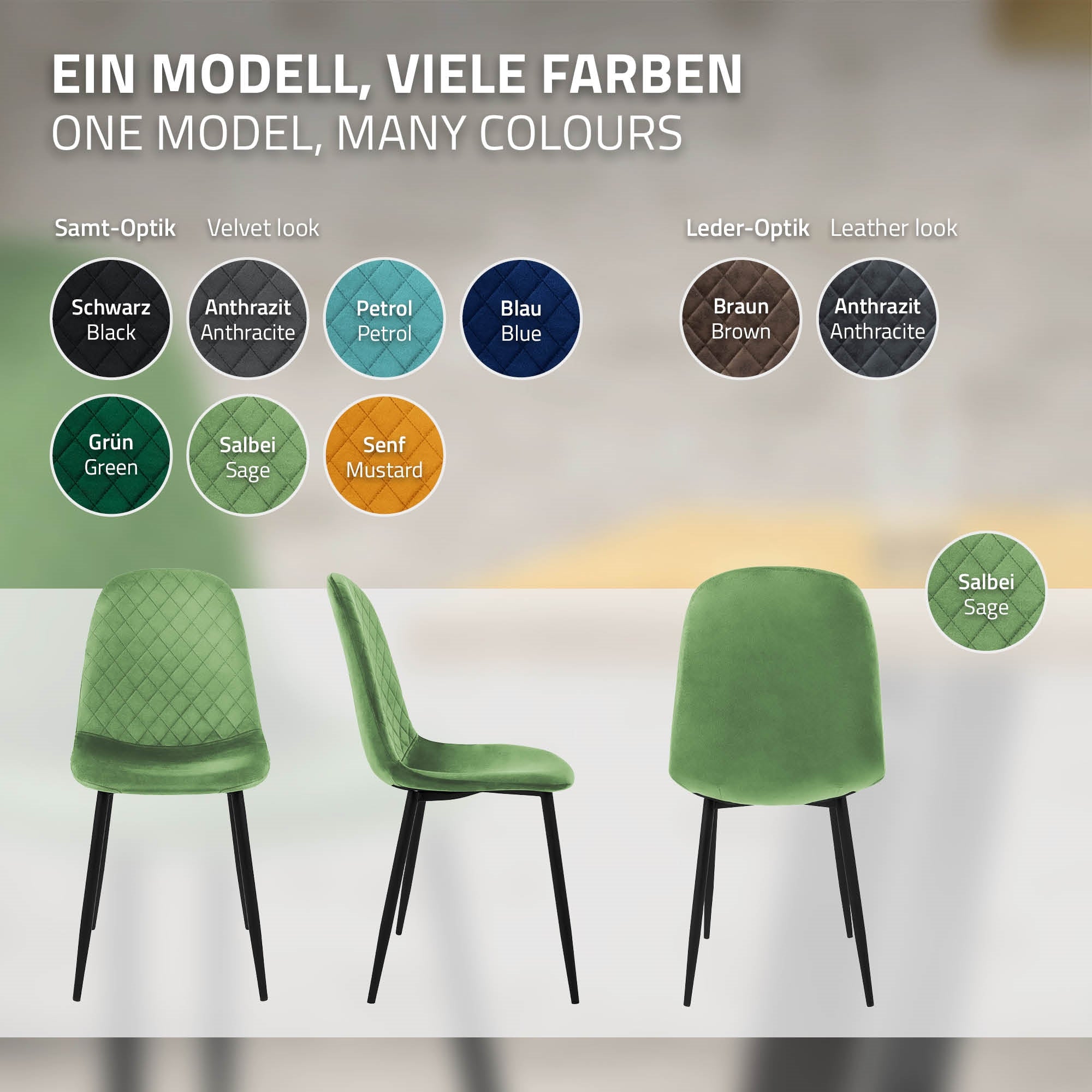 Drei Stühle in verschiedenen Farben und Materialien auf einem unscharfen Hintergrund.