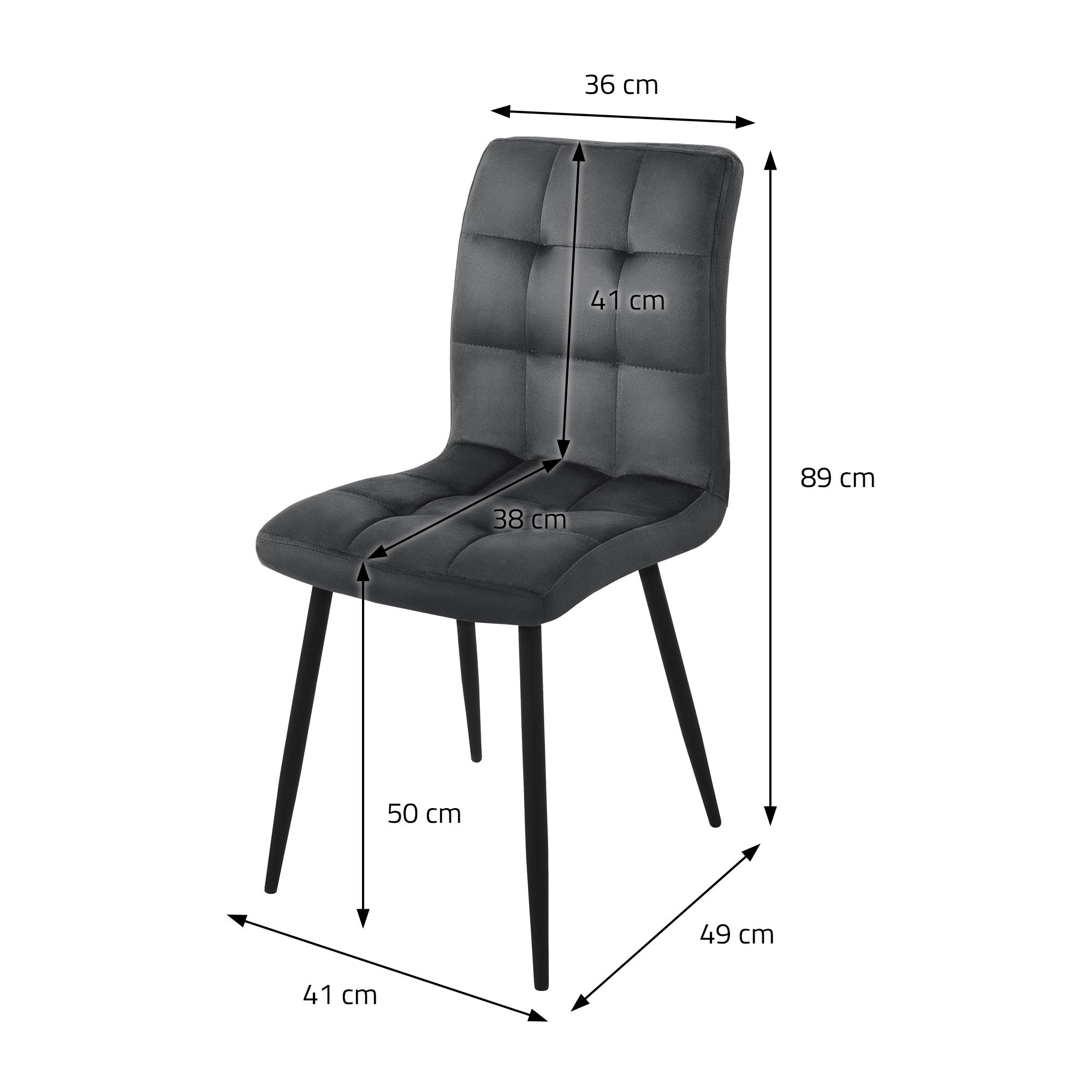 Dimensiones de una silla negra, incluyendo altura y ancho.