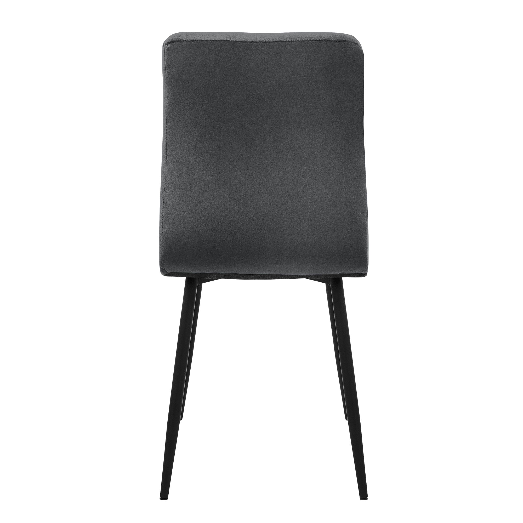Vista trasera de una silla negra con respaldo acolchado.