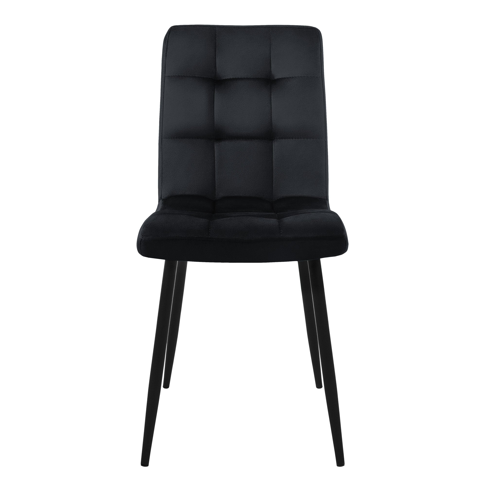 Chaise noire avec un siège rembourré et un motif carré.